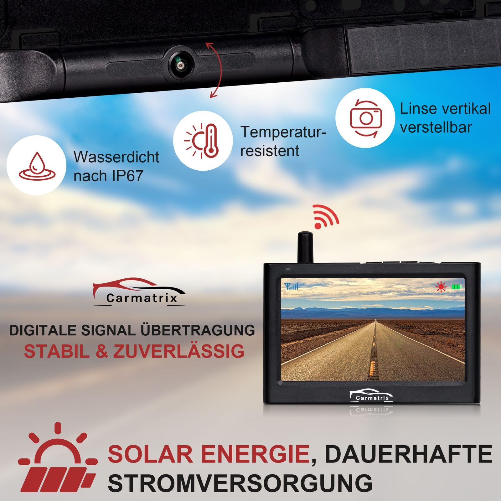 Funk Solar Auto Rückfahrkamera solarbetrieben im Nummernschild mit 4,3 Zoll Monitor Rückfahrsystem Solarpanel kabellos Digital