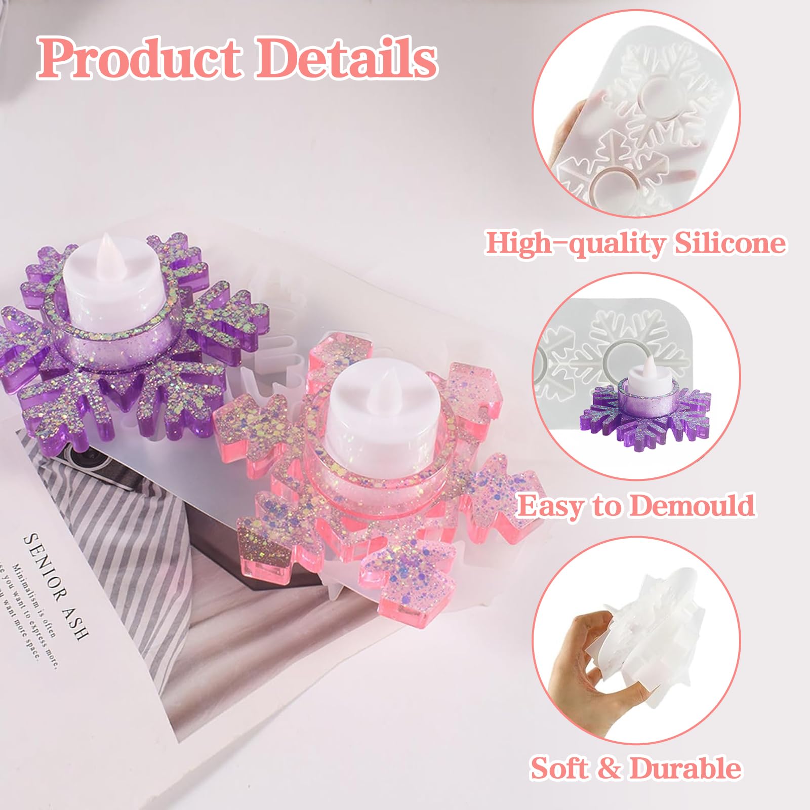 2 pezzi stampi per candele natalizie, stampi in silicone per candele, stampo fiocco di neve, per Natale, portacandele in silicone fai da te