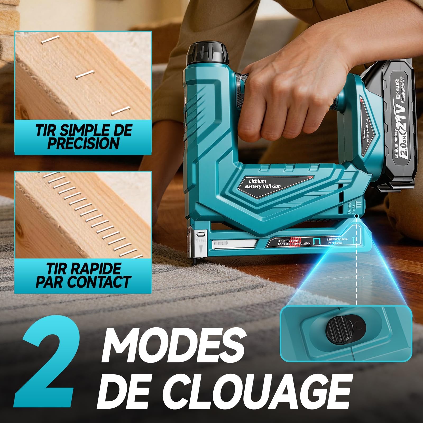 Grapadora Eléctrica con 2 Baterías 2.0Ah, 2 en 1 Clavadora Eléctrica de Clavos y Grapadora con 2000 Clavos y Grapas, 2 Modos de Disparo, Potencia Ajustable para Tapicería, Carpintería y Bricolaje