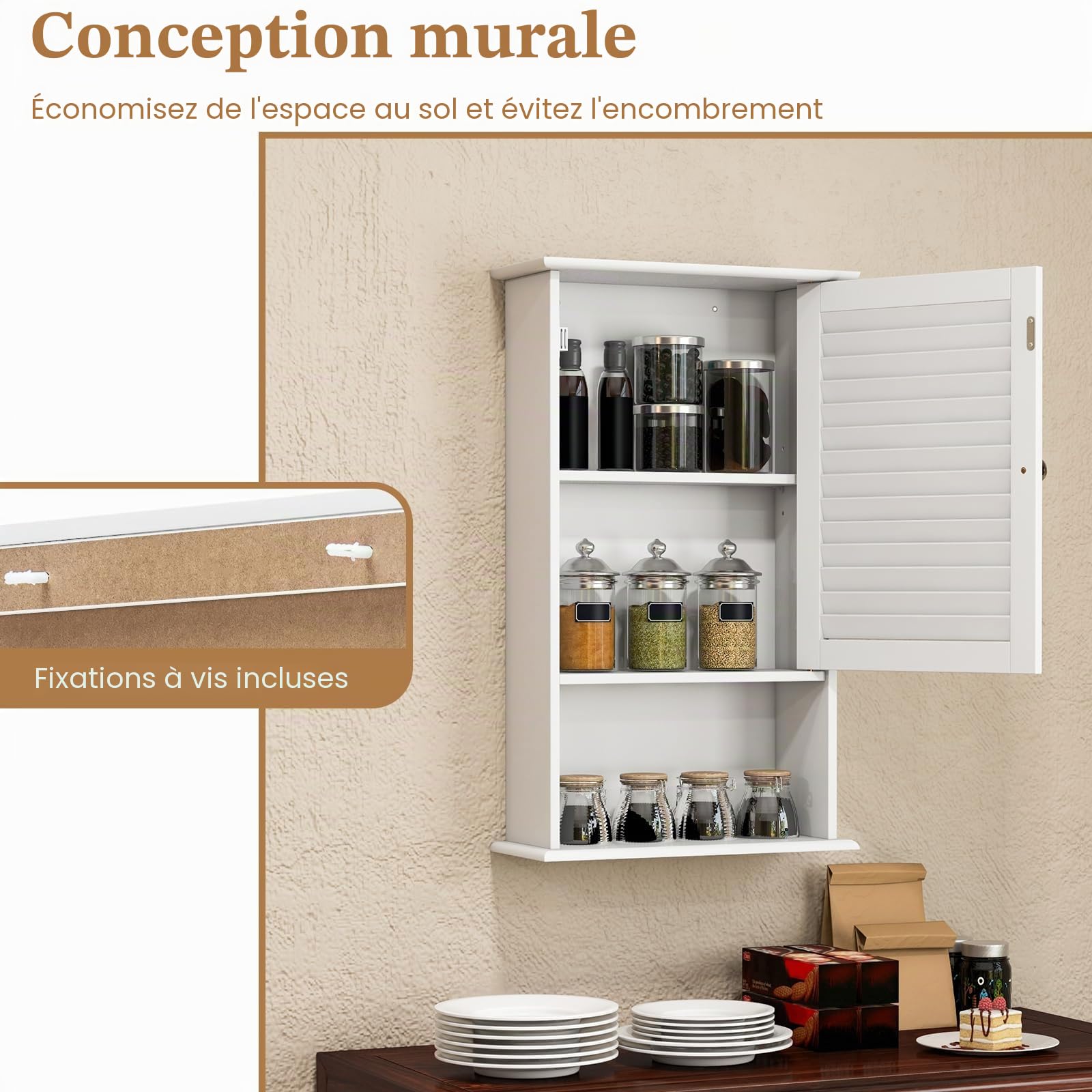 GIANTEX Armoire de Salle de Bain Murale avec Une Porte, 2 étagères réglables et Compartiment Ouvert, Armoire en Bois à 3 Niveaux, Meuble Polyvalent pour la Salle de Bain, Cuisine, entrée (Blanc)