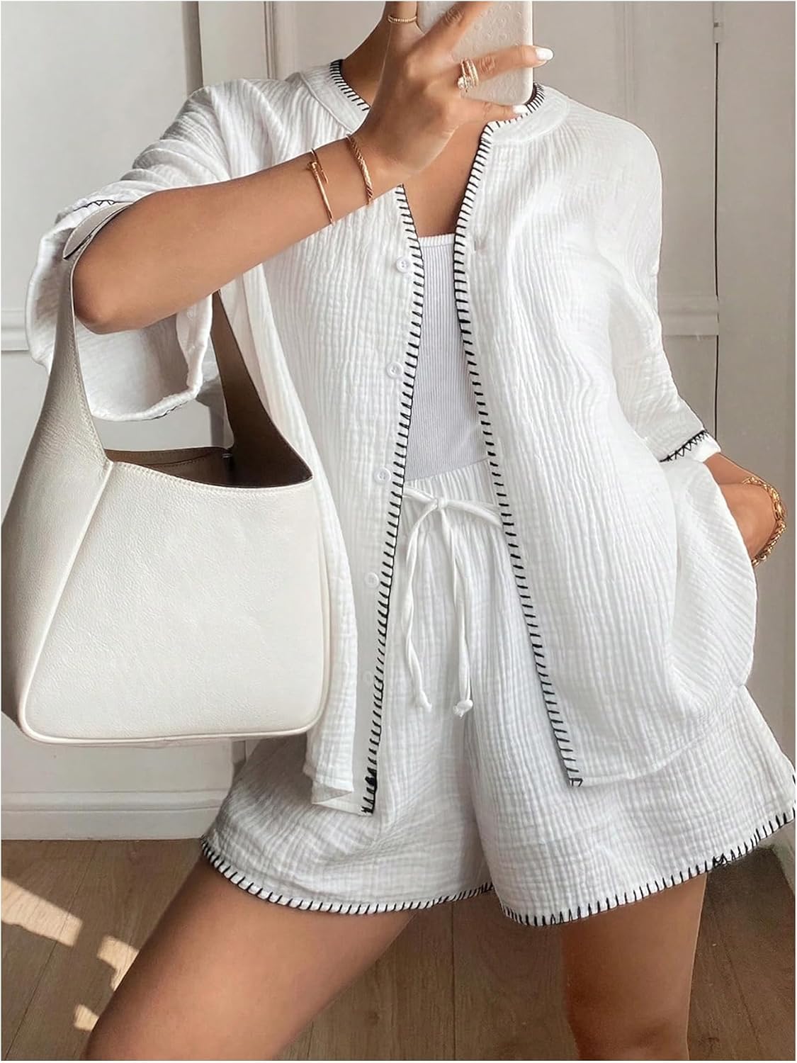 MakeMeChic Women's 2 Piece Summer Outfits Contrast Binding Short Sleeve Notched Blouse and Mini Shorts Set - Image 5