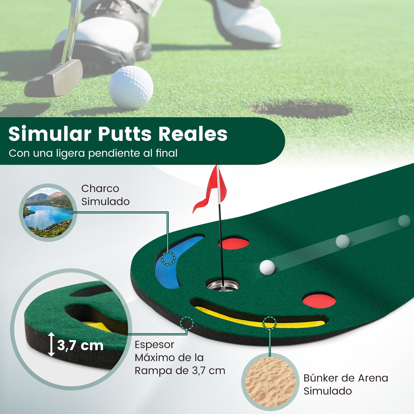 COSTWAY Alfombra de Putting Con 3 Tazas de Putt, Bandera y Cubiertas para Agujeros de Golf, Mat para Hogar y Oficina, 300 X 96 CM