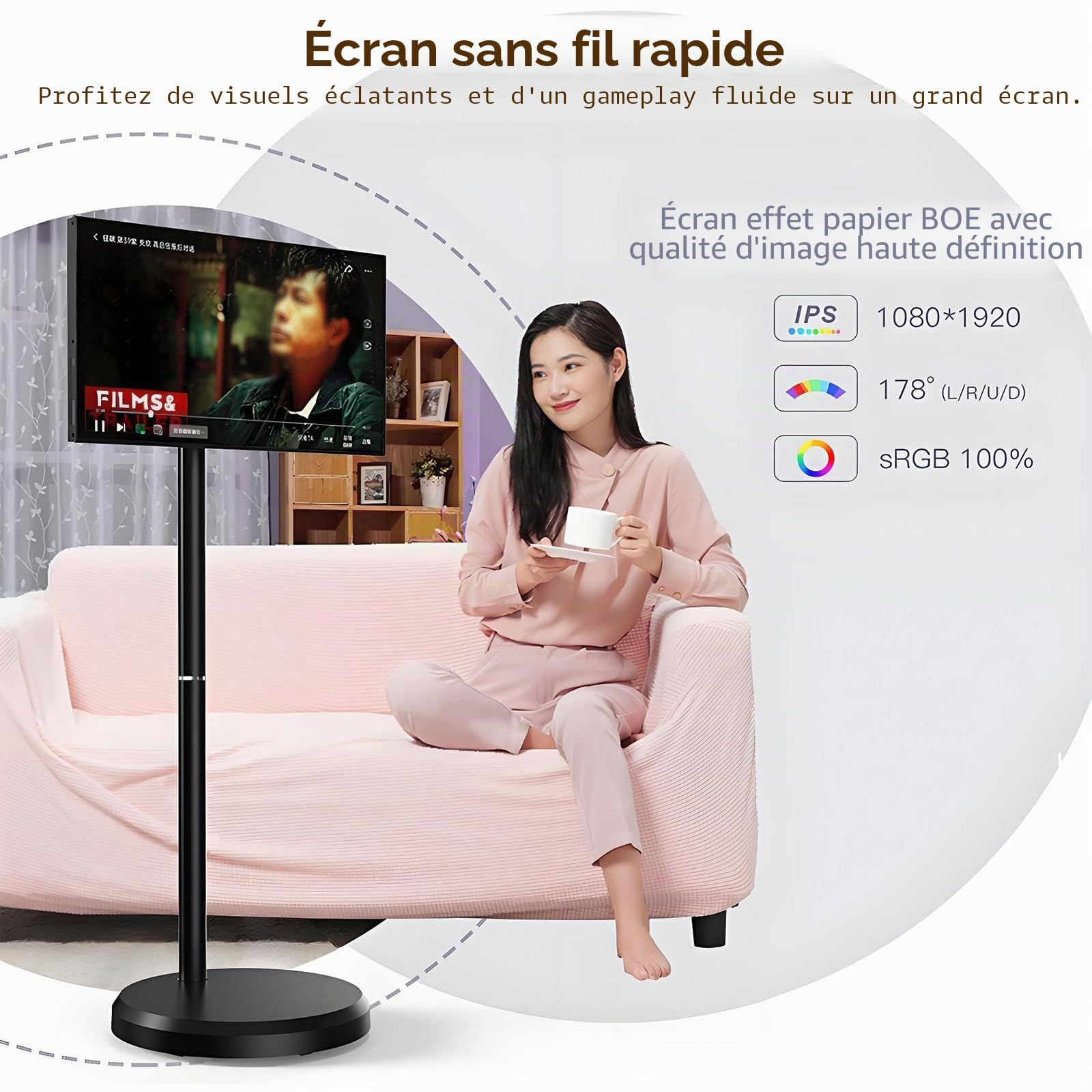Moniteur Tactile Intelligent 21,5 Pouces, Support TV Mobile 1080p sur roulettes, Batterie Intégrée De 6000 Mah (4-6 H), Pivotant Et Rotatif, Blanc 4+64GB