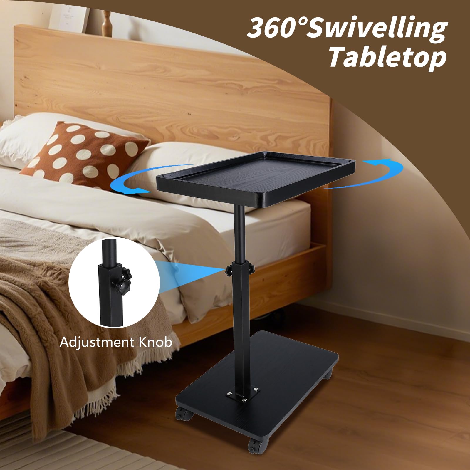 XUDREZ Mesa auxiliar ajustable en forma de C con 4 ruedas giratorias de 360°, mesa auxiliar para sala de estar, dormitorio, sofá, bañera, mesita de noche, lactancia (negro)