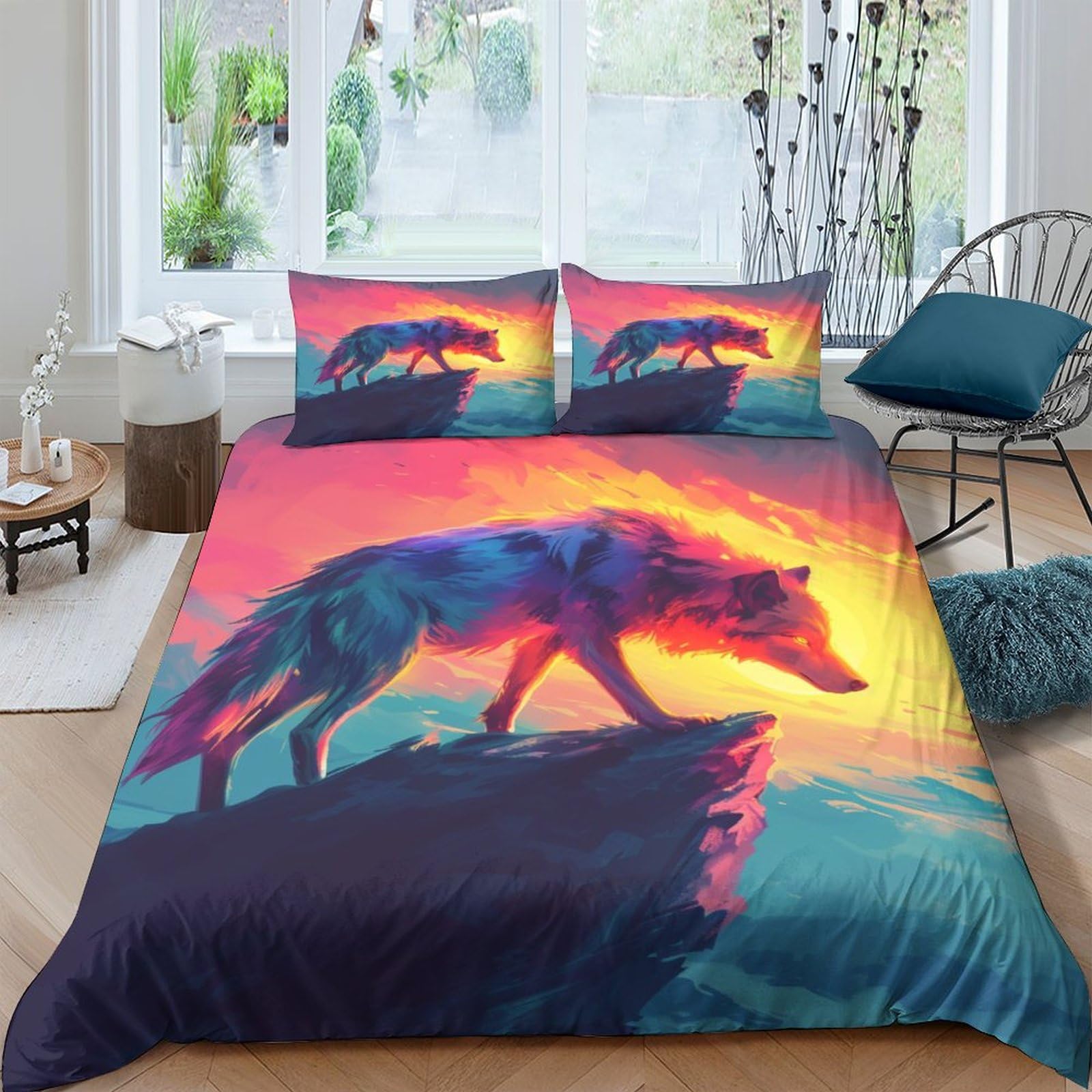 Housse de couette loup 220x240 cm et 2 taies en microfibre douce