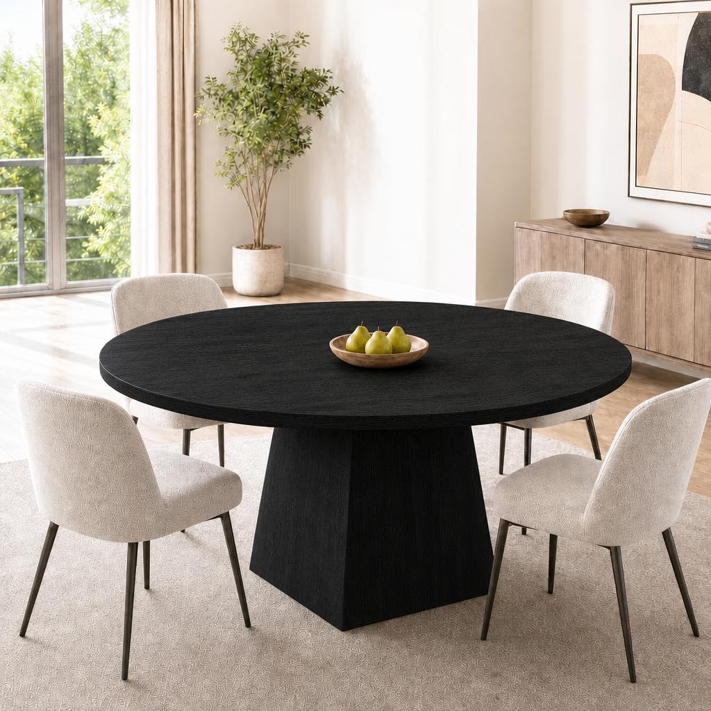 GarveeHome Table à Manger Ronde 47" pour 4-6 pers, Plateau épais 1,18", Base carrée Stable, Style Moderne Farmhouse, idéale Petits espaces - Noir gaufré