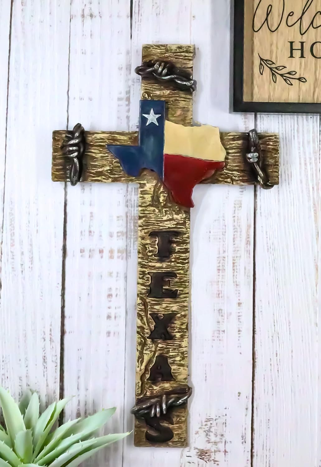 Ebros Gift Rustic Western Lone Star Texas State Flag Barbed Wires With Word Art Wall Cross Decor Plaque Faux Wooden Finish Christian Catholic Decorative Accent Crosses