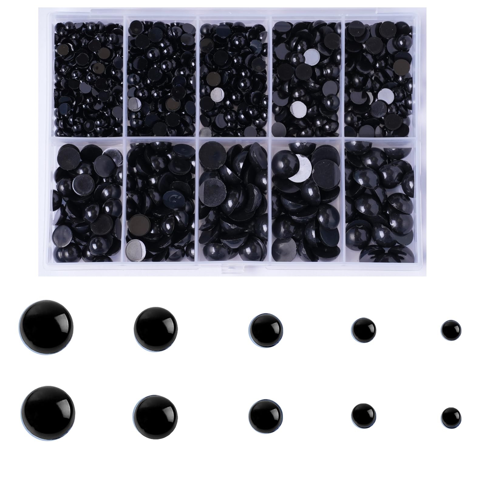 Zhbrchz 850pcs Round Black Plastic Doll Eyes 4mm 5mm 6mm 8mm 10mm Flatback Cabochon Button Eyeball Beads for Stuffed Animals Amigurumis Crochet Bears Crafts Making