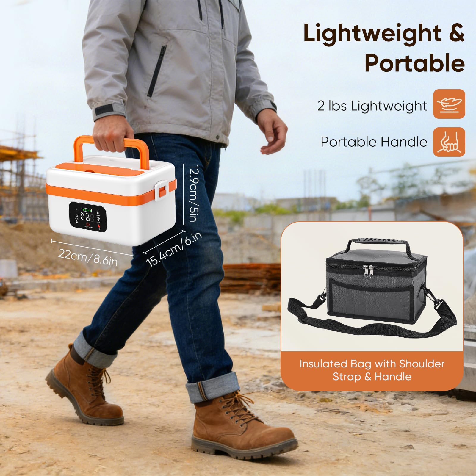 Fiambrera Electrica, 1L Inteligente Fiambrera Termica Portátil con Pantalla Táctil, Taper Electrico para Comida con Vajilla de Acero Inoxidable y Bolsa Aislante para Coche Oficina Viajes