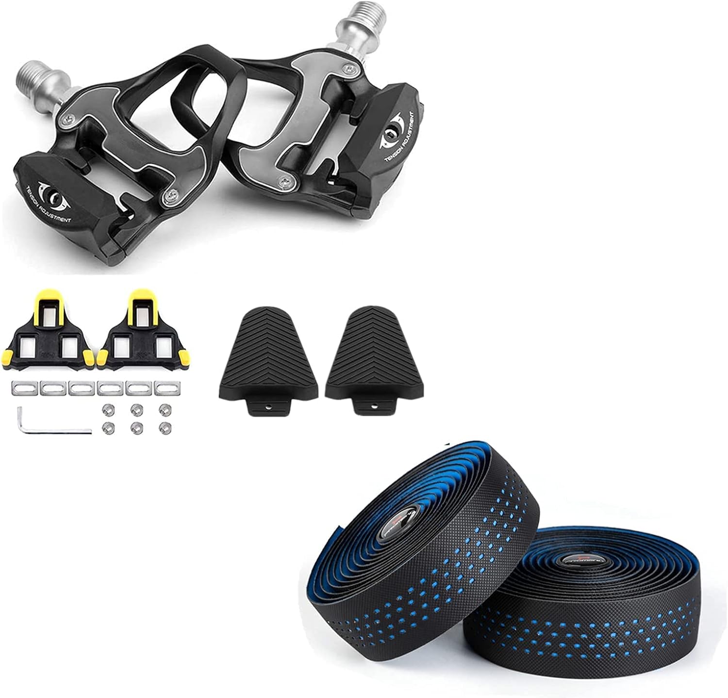 BESTYMXY Bike Pedals Ultralight Road Bike Pedals+Cleat Set+Cleat Cover with Road Bike Handlebar Tapes(Blue)