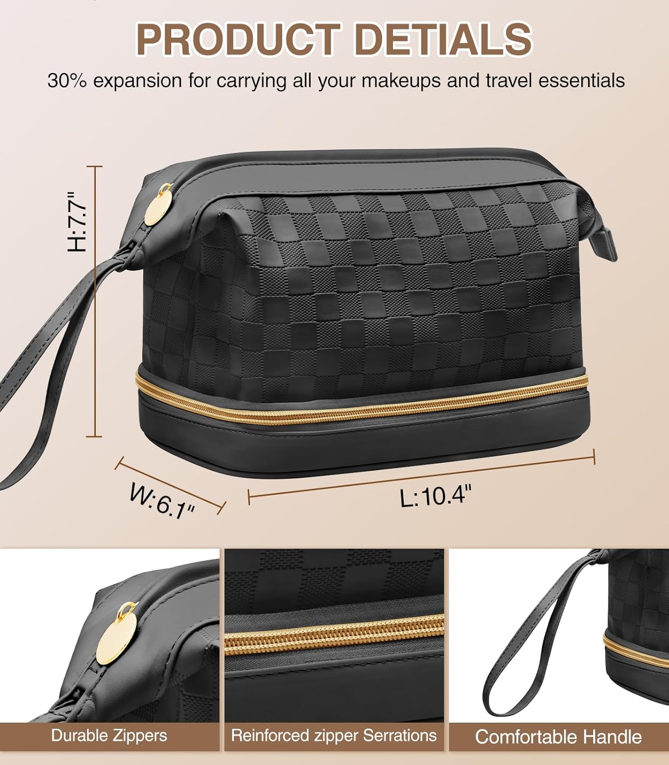 Toiletry Bag for Women, Large Makeup Bag with Double Layer Design, Waterproof Checkered Makeup Organizer Bag, PU Leather Cosmetic Travel Bag with Brush Compartment, Black - Image 6