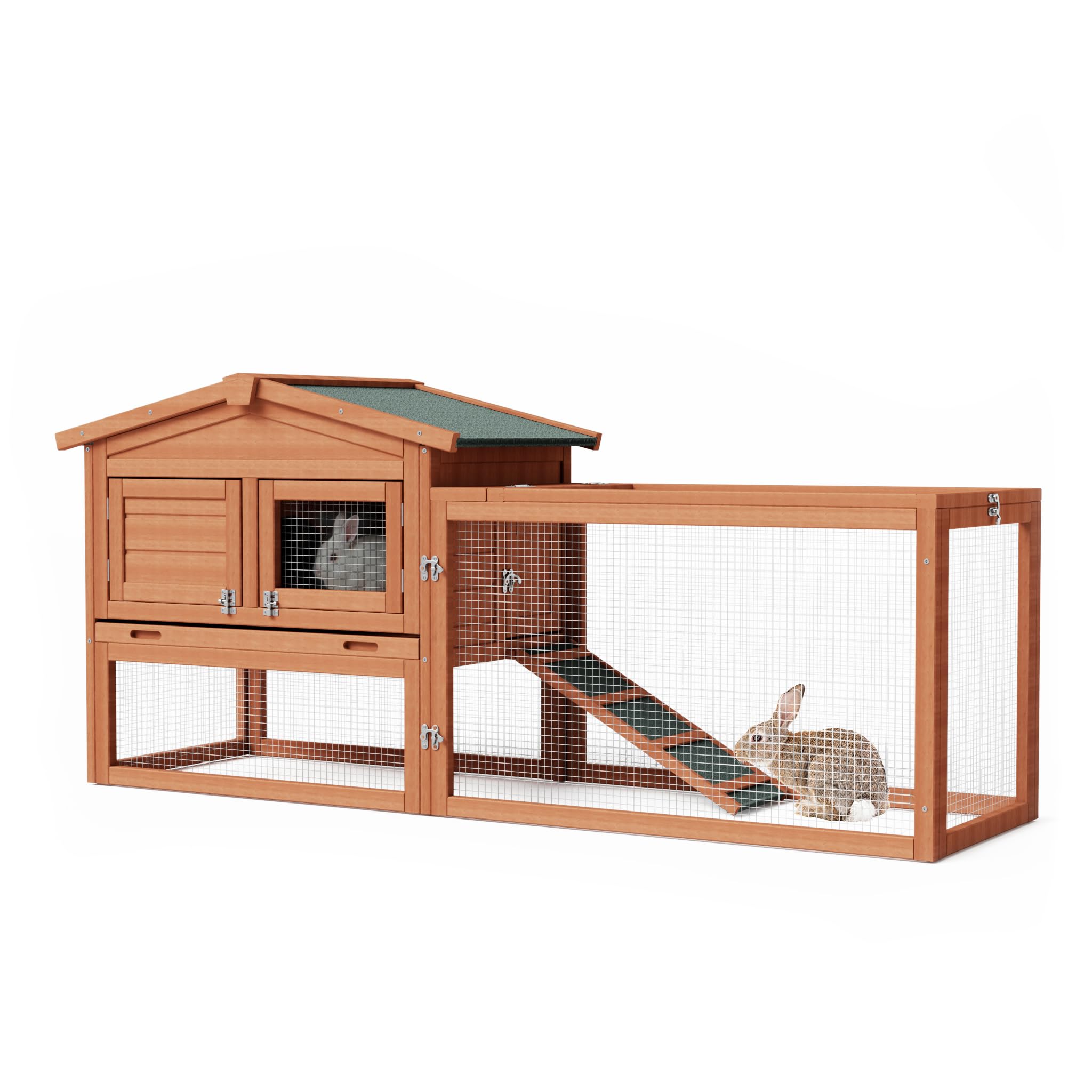 Wiltec XXL Hasenstall 1560 x 520 x 680 mm mit Freilaufgehege und erhöhtem Unterschlupf aus Fichtenholz, Kaninchenkäfig mit 2 Etagen, Kleintierstall