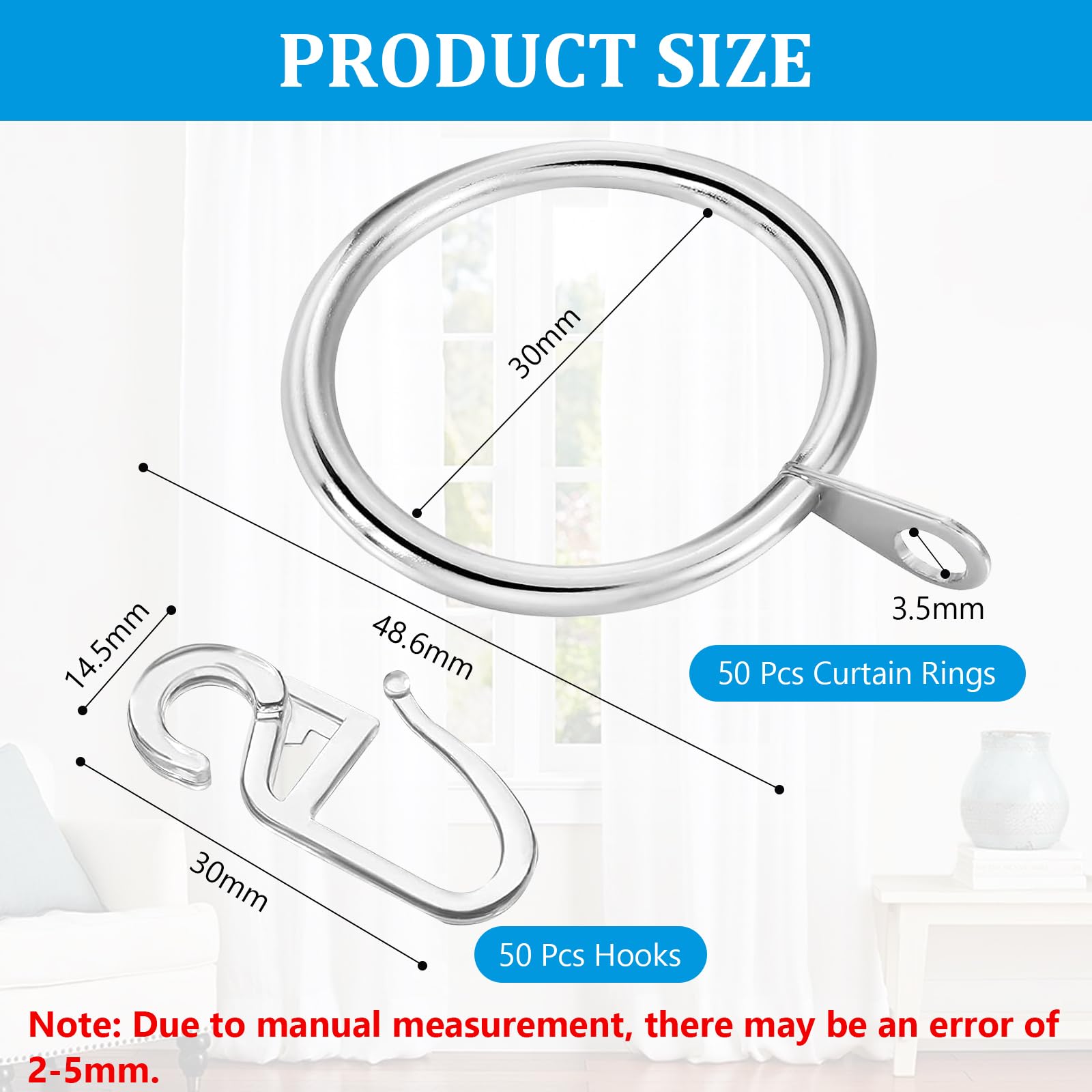 50 Anelli Per Tende In Metallo 30mm Con Ganci | Argento | Per Finestre, Docce E Porte - Foto 4