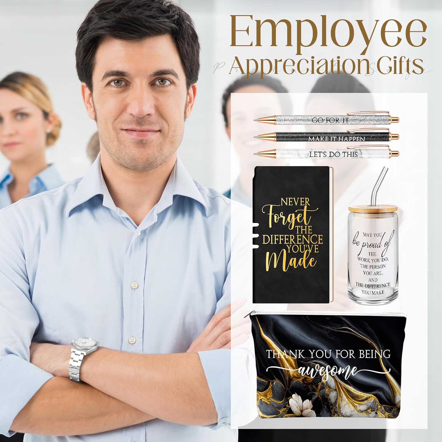 6 Pcs Valentines Employee Appreciation Gifts Set for Women Coworkers Thank You Gifts, Difference Maker 17 oz Glass Cup Inspirational Makeup Bag Journal for Teacher Nurse(Marble,Black) - Image 6