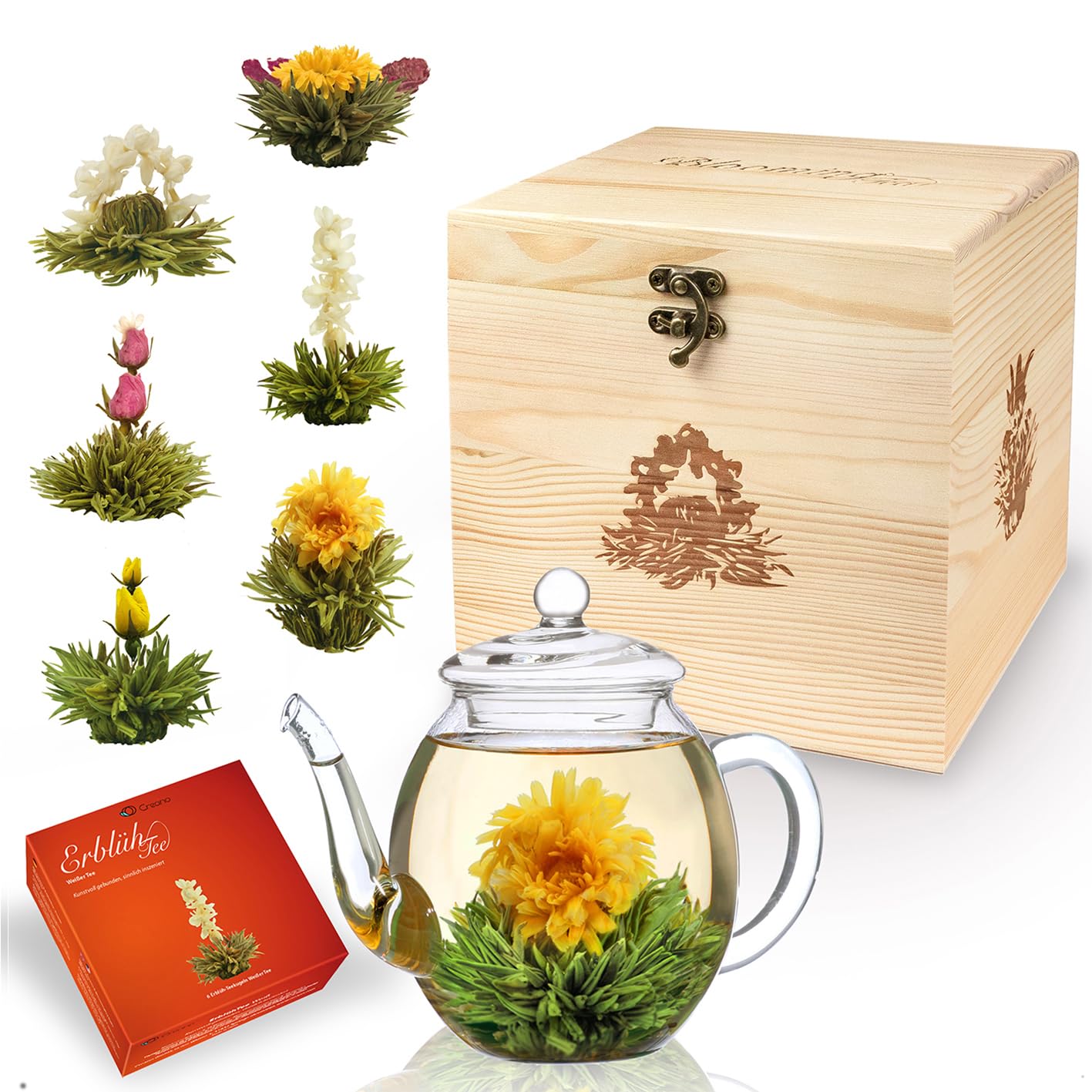 Fleur de thé blanc Creano : coffret cadeau de luxe avec théière en verre 500ml et boîte en bois