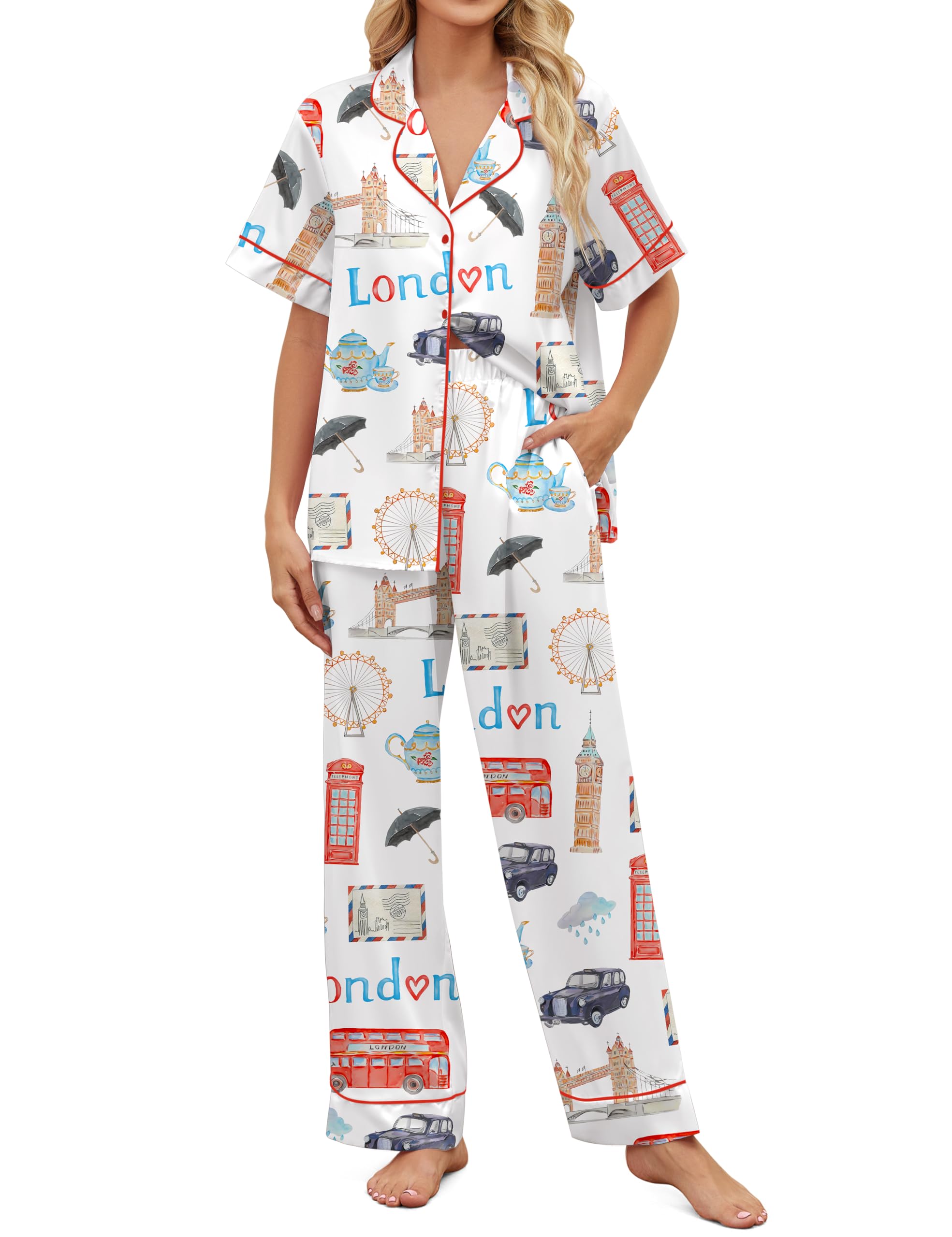 SHESHOW Satin Pajamas for Women Set Button Down Sleepwear Print Pjs Set 2 Piece Short Sleeve Long Loungewear Size XS-XXL