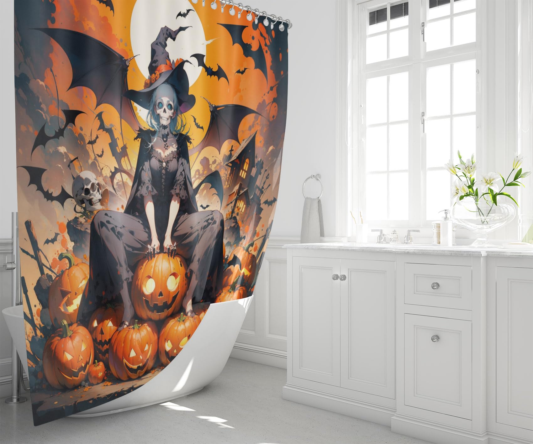 Amazon｜ハロウィンシャワーカーテンセット 72x72インチ フック付き