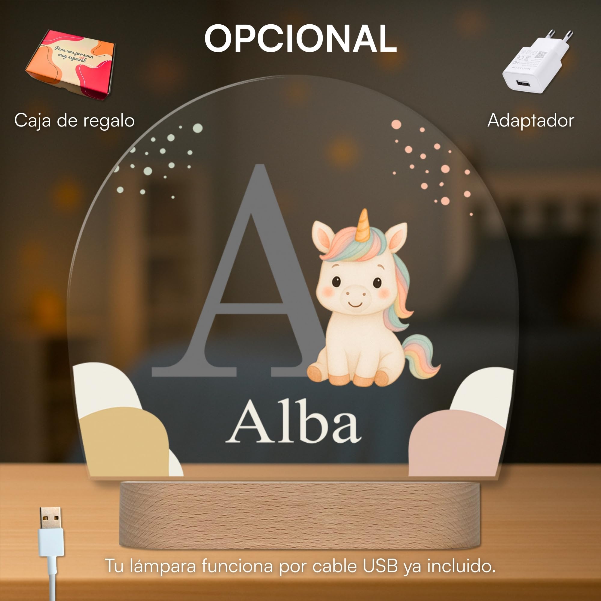 Lámpara Infantil Personalizada con Nombre e Inicial - Lámpara Quitamiedos con Luz LED - Regalo Original para Bebé, Bautizo, Cumpleaños (Unicornio)