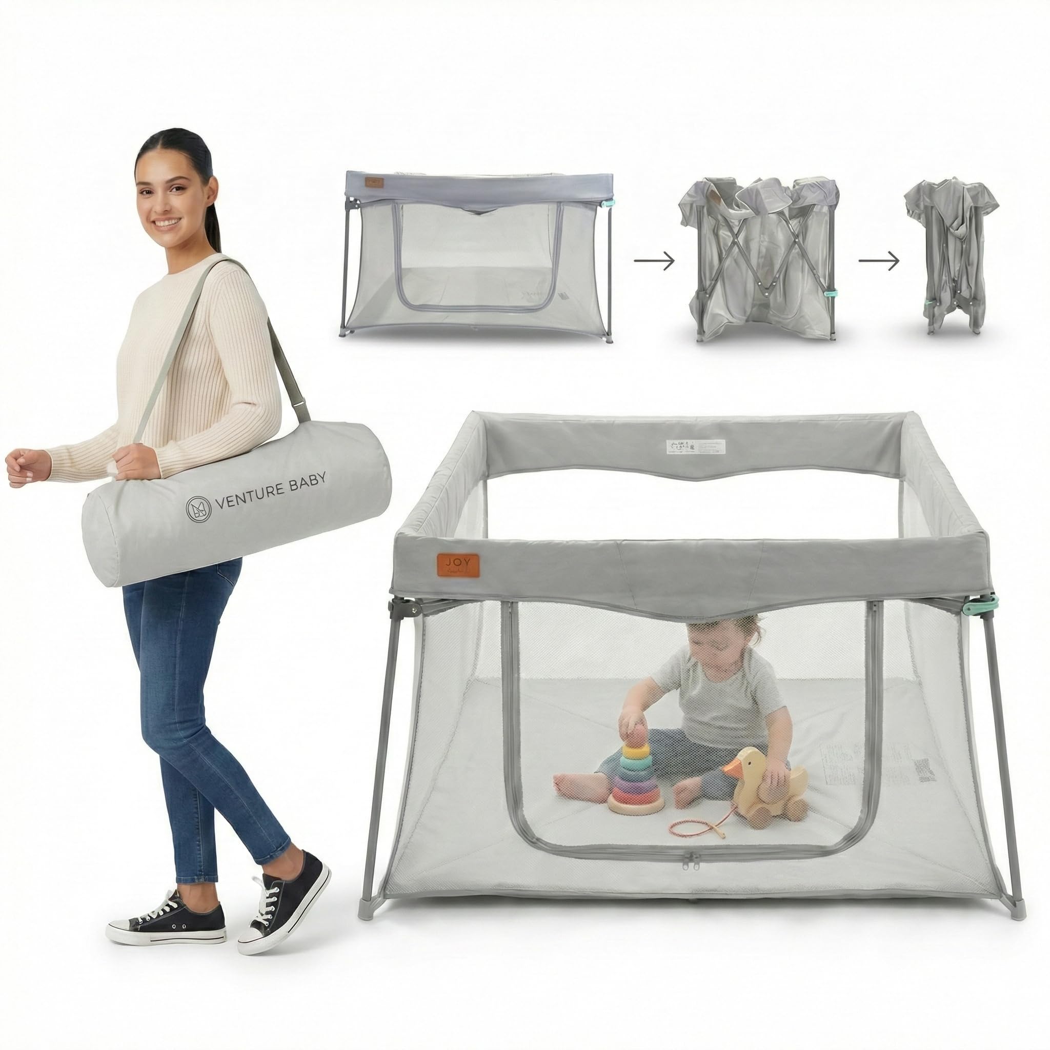 Venture All Stars Joy Square Baby Playpen - Foldable, Compact Playpen for Baby and Toddlers with Mesh Sides, Fitted Mat, and Zipper Door - Portable Play Pen with Travel Bag (6-36 Months)