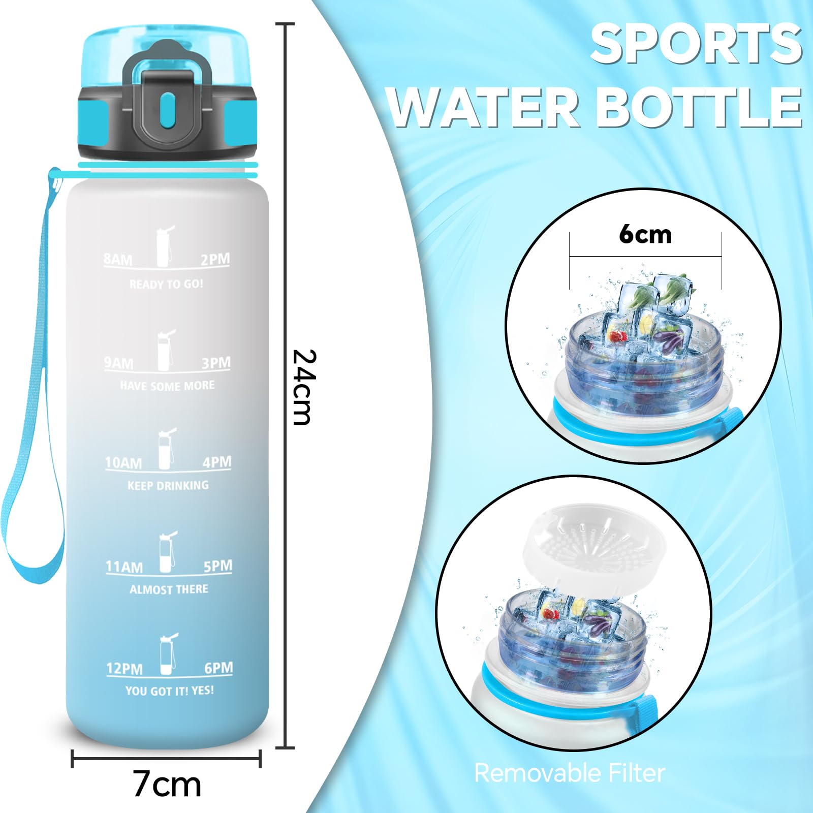 Borraccia, Borraccia 500ml, Borraccia Senza Perdite, Borraccia Motivazionale, Facile da Trasportare, Borraccia Orari con Filtro, Borraccia Graduata, Facile da Pulire, per Sport, Corsa, Scuola, Ufficio