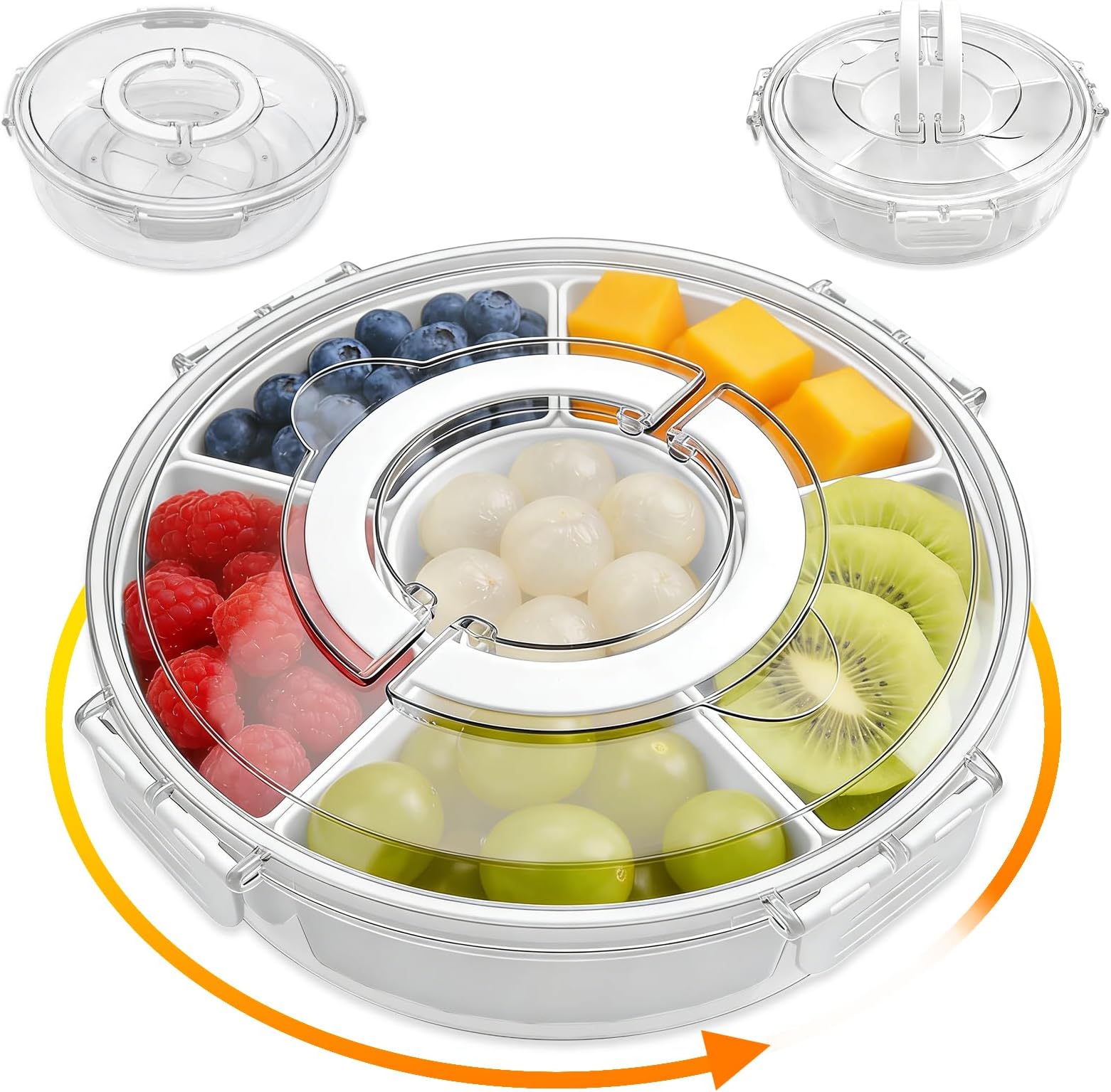 2 Pack Divided Rotating Serving Tray with Lid and Handle, Portable Snack Box Container for Fruits Candy Organizer, Stackable Spinning Rounded Veggie Tray for Kitchen and Picnic, 2 Sizes