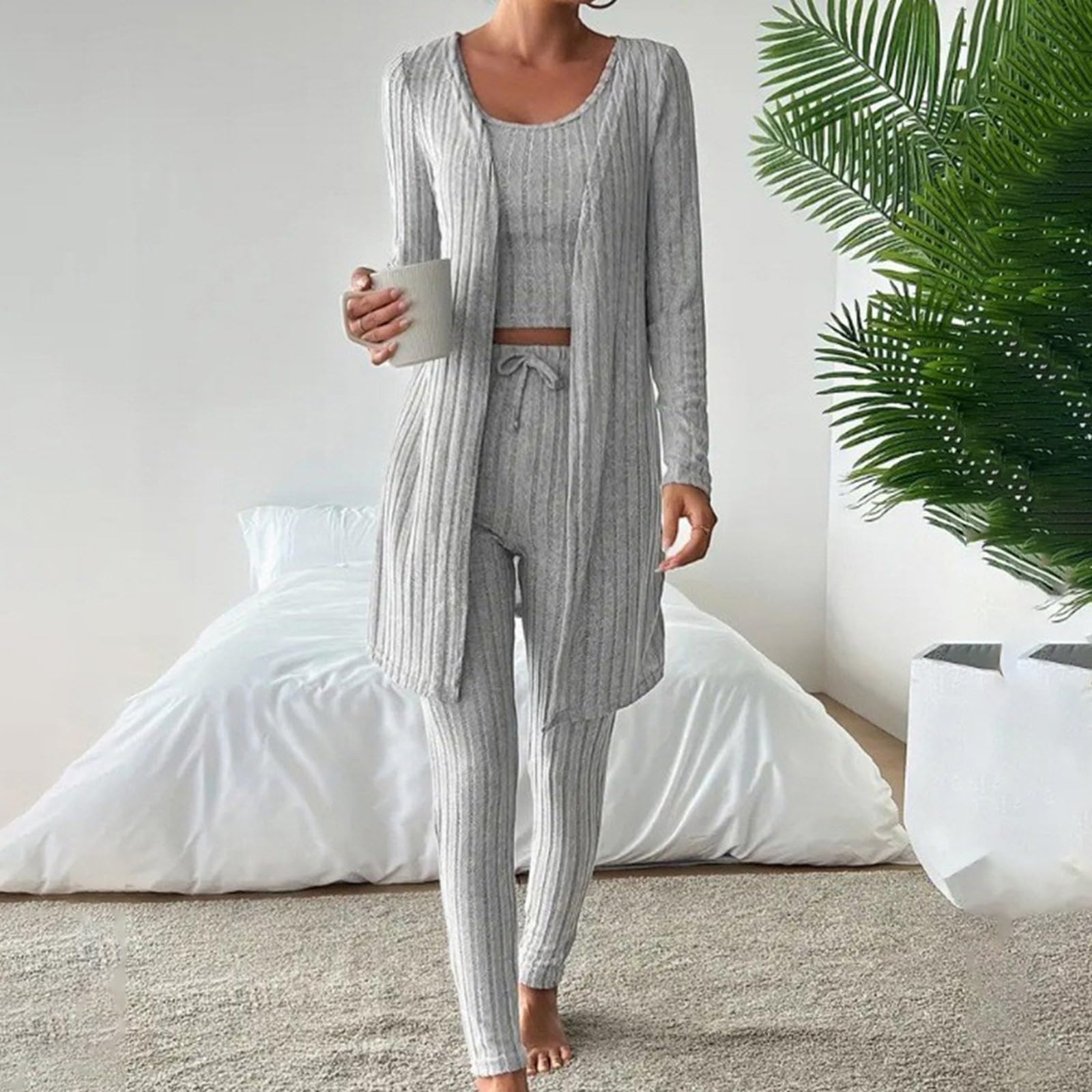 Jogginganzug Damen Stylischer Strick-Trainingsanzug für Damen mit Lässigem Rundhalsausschnitt bequemer Jogginghose weichem dehnbarem Stoff