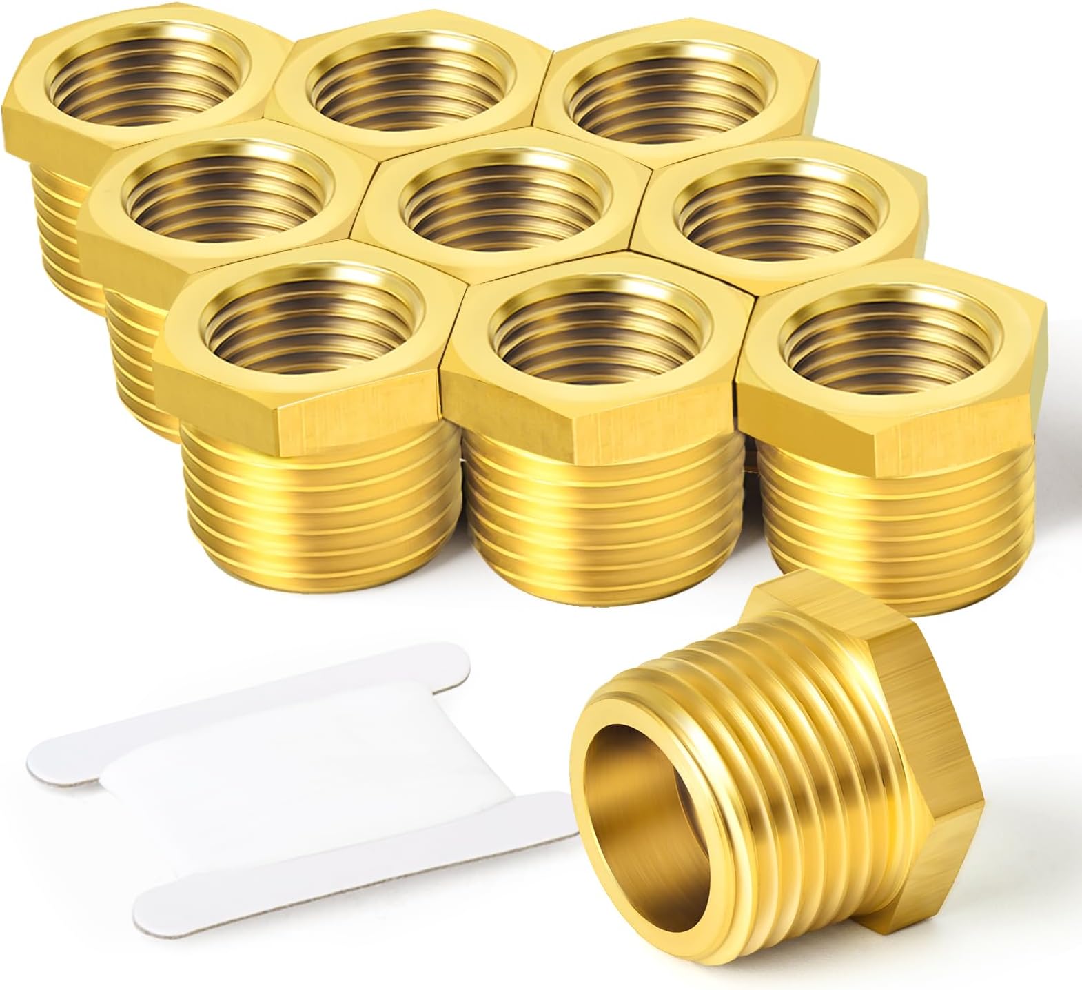 TAISHER 10 Pcs Brass Reducer Hex Bushing Threaded Pipe Fitting 3/8" BSP Male x 1/4" BSP Female Adapter, for Water Oill Air Gas