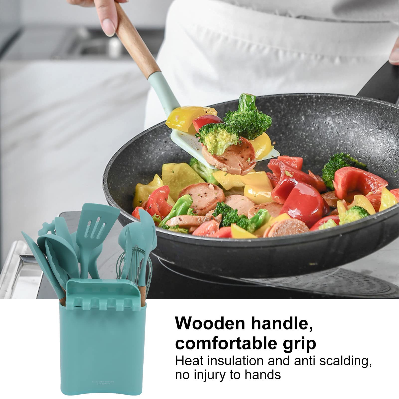 Set di Utensili da Cucina in Silicone da 13 Pezzi Set di cucchiai per spatola con Manico in Legno con Supporto per la Cucina di casa(Verde Chiaro)
