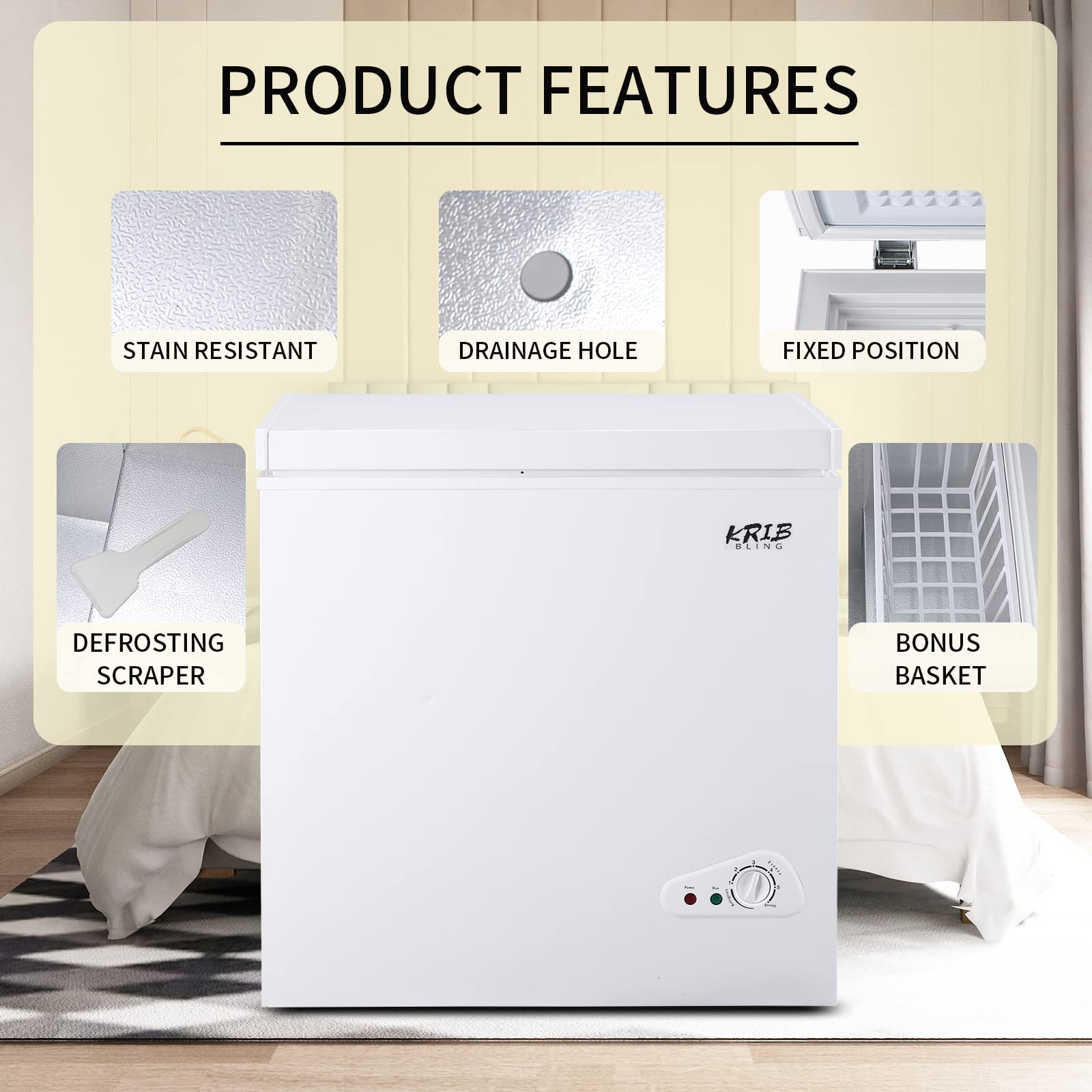 5.0 Cu.Ft Compact Chest Freezer With Removable Basket, Krib Bling Top Door Open Freestanding Deep Freezer With 7 Gears Temperature Adjustment, Ideal For Home, Kitchen & Office, White on Fridge.com - View 6