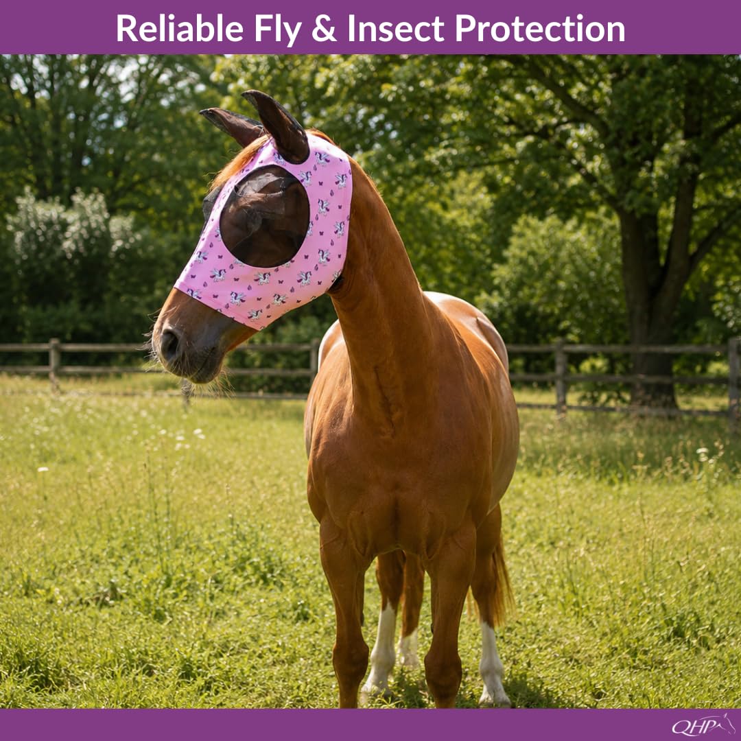 QHP Masque anti-mouches, motif licorne, rose