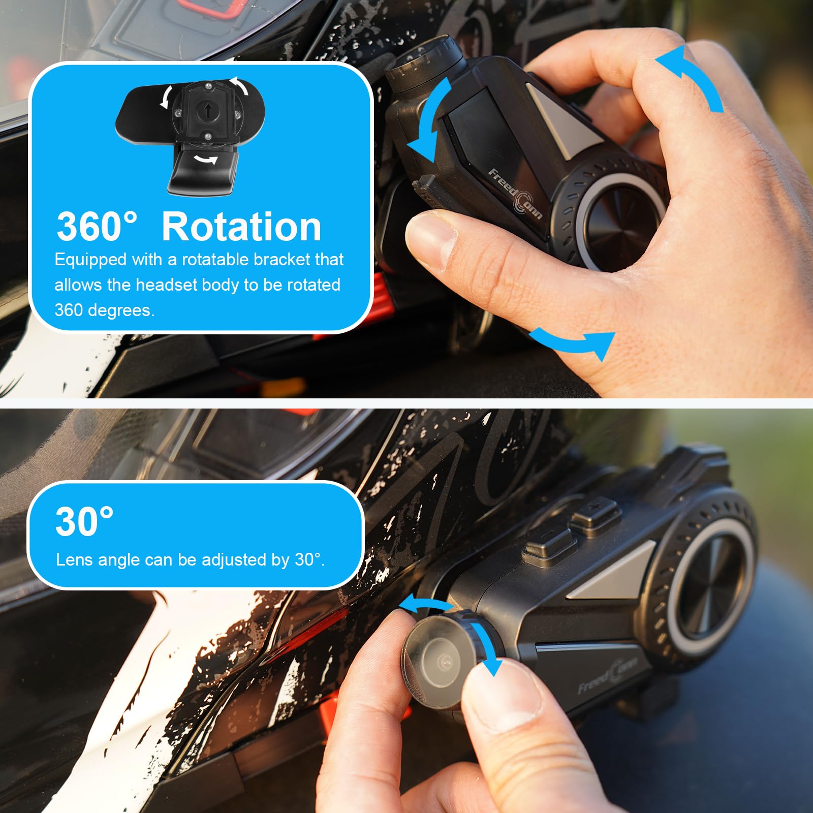 FreedConn Intercomunicador Bluetooth para motocicleta, cámara R3 con lente 2K 140°, disparo de 360°, 2-6 conductores 3200 pies, sistemas de comunicación para motocicleta, 2000 mAh, 45 horas, visión
