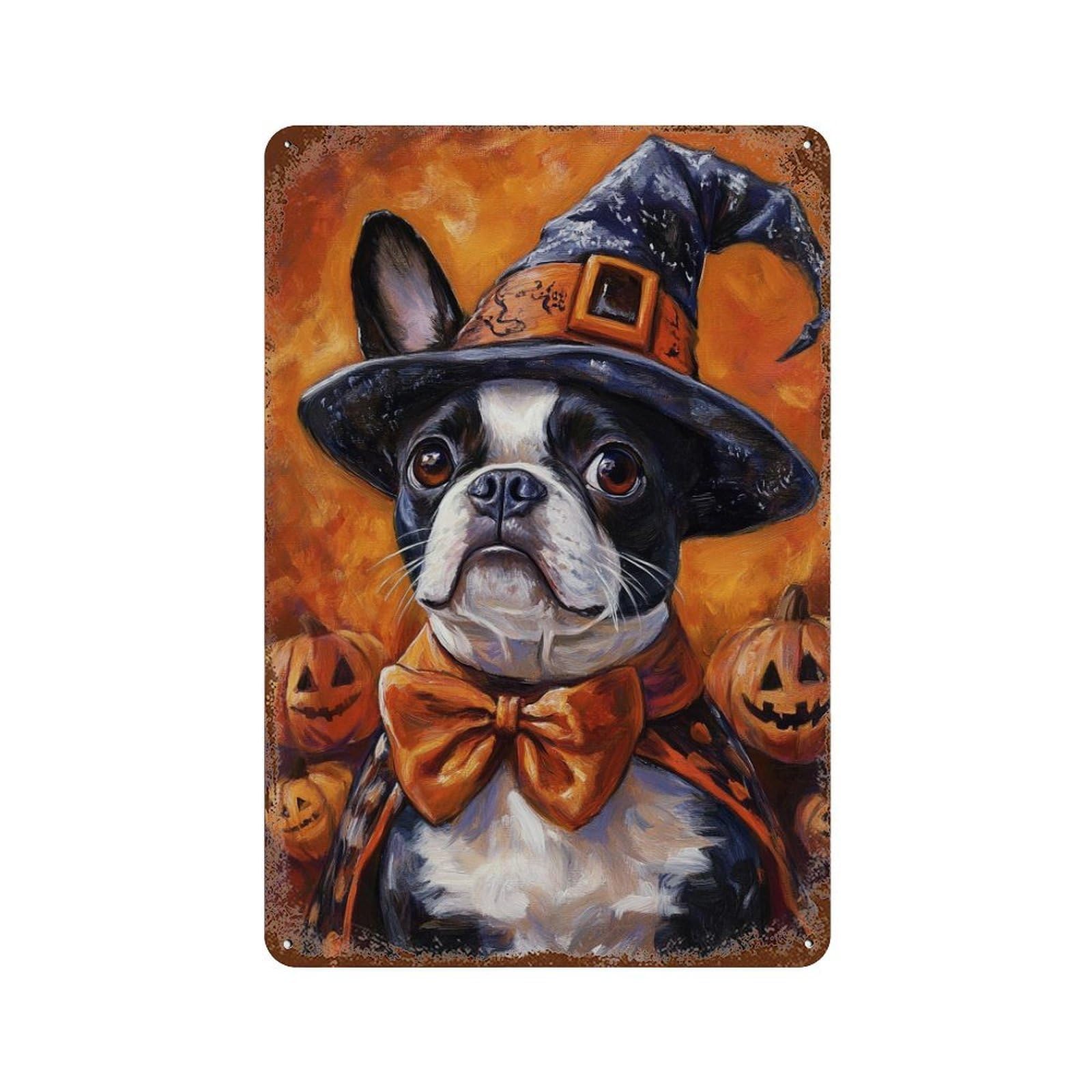 Halloween Witch Dog Art Print Vintage Wall Sign 11.8"x7.9", Rust Effect Metal Decor for Farmhouse, Kitchen And Entryway Decor