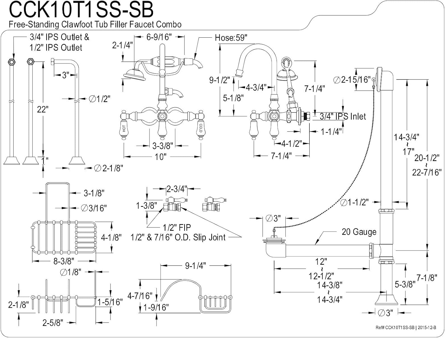 Kingston Brass CCK10T1SS-SB Vintage Clawfoot Tub Faucet Package, Polished Chrome, 27.62 x 14.38 x 10