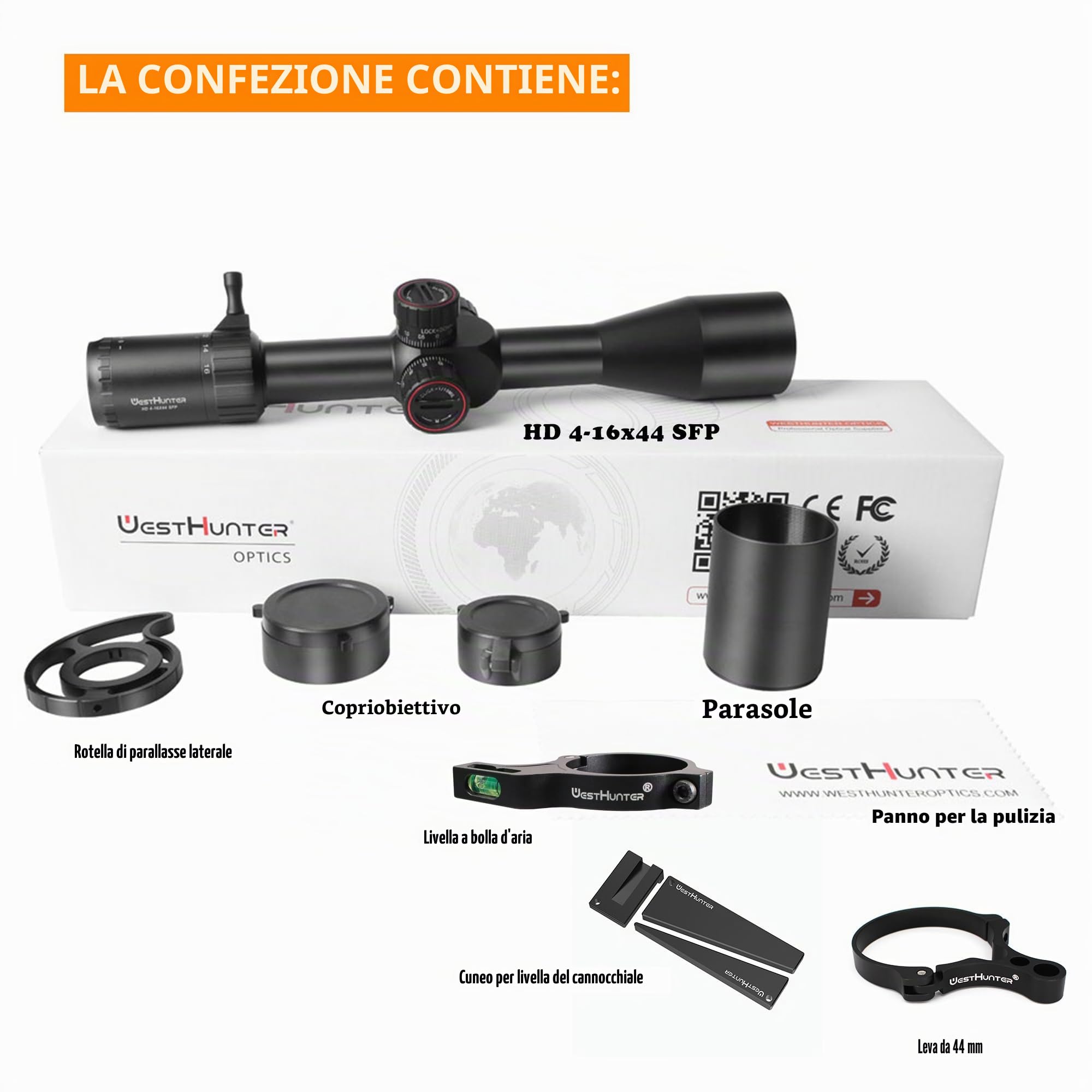 Mirino Telescopico WestHunter HD 4-16x44 FFP: Tubo 30 Mm, Reticolo In Vetro Inciso, Regolazione 1/10 MIL, Parallasse Fino A 15 Yard, Per Tiro A Lunga Distanza