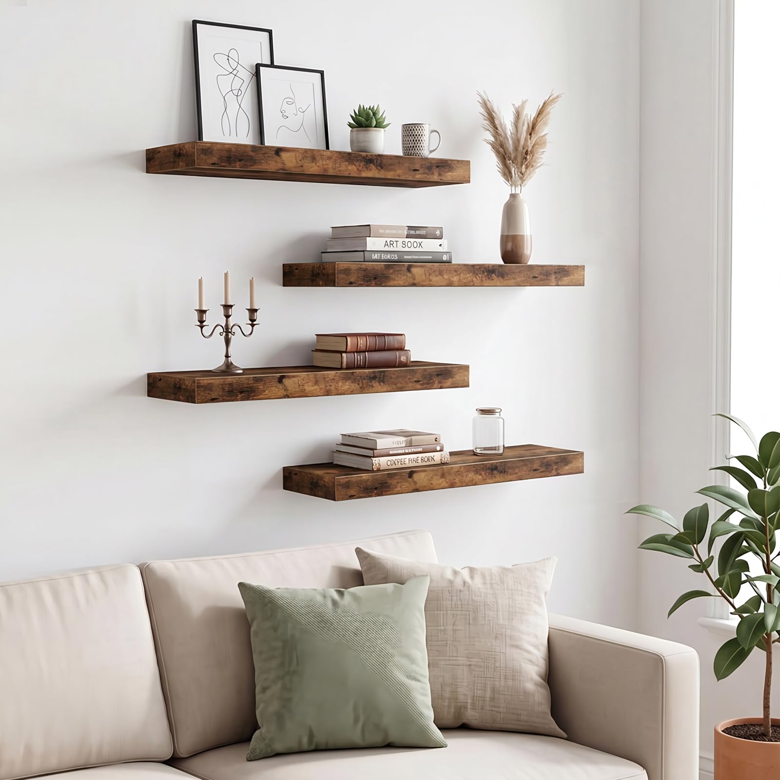 Fixwal Estantes flotantes de 15.8 pulgadas, juego de 4 estantes de pared con acabado de madera rústica para decoración de pared, con soportes invisibles para baño, sala de estar, dormitorio y cocina