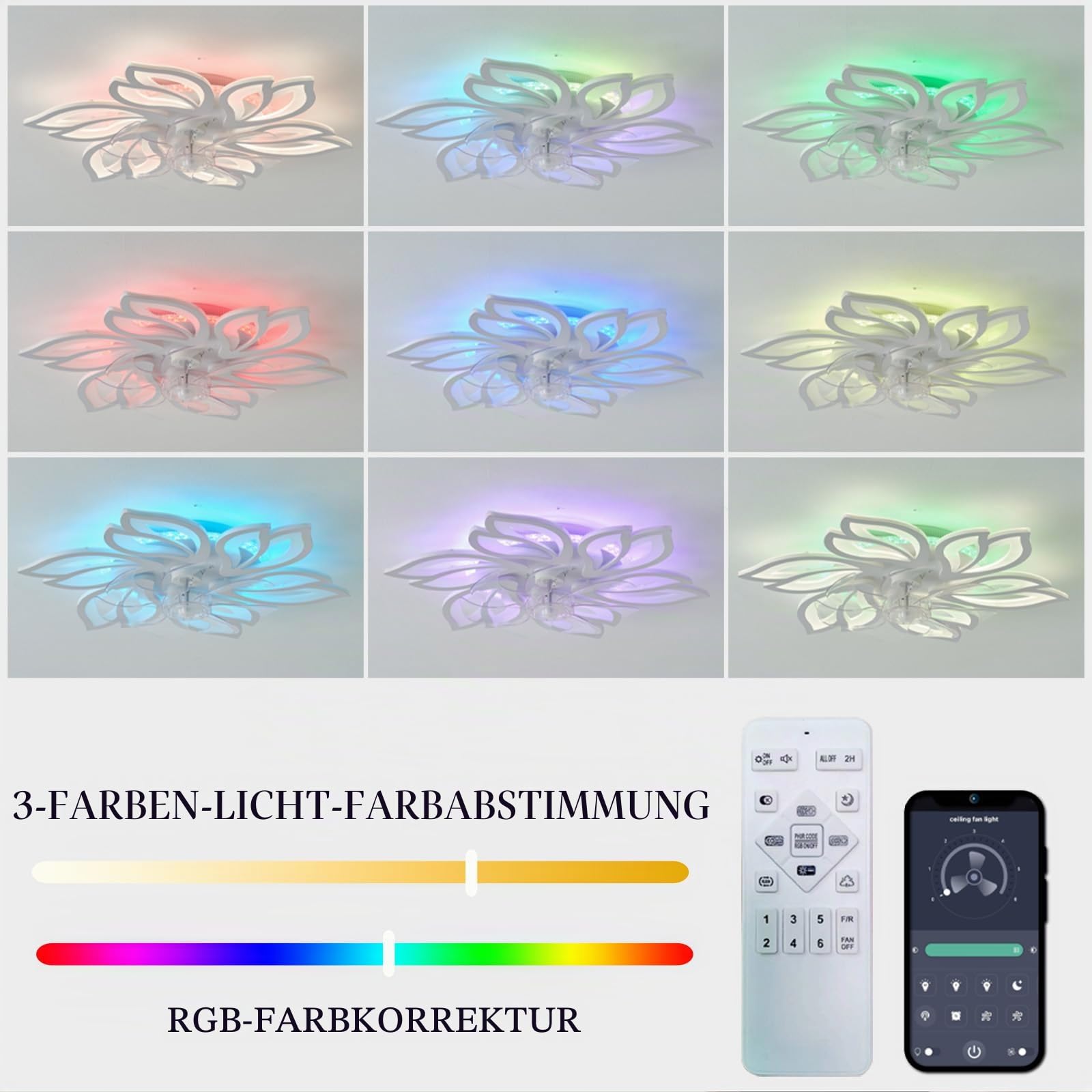 RGB Flower Deckenventilator Mit Licht Und Fernbedienung Leise Reversible DC Motor Schlafzimmer Licht Mit Ventilator LED Dimmbar Wohnzimmer Ventilator Lampe Design, 6 Lichter, Memory-Funktion