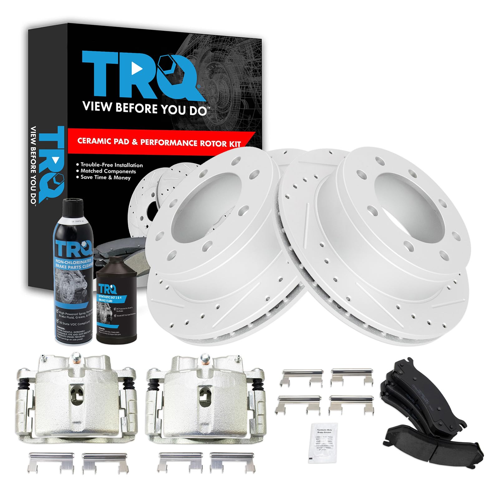 TRQ Performance Rear Brake Pad &amp; Rotor Kit Compatible with 2001-2013 Chevrolet 1999-2013 GMC