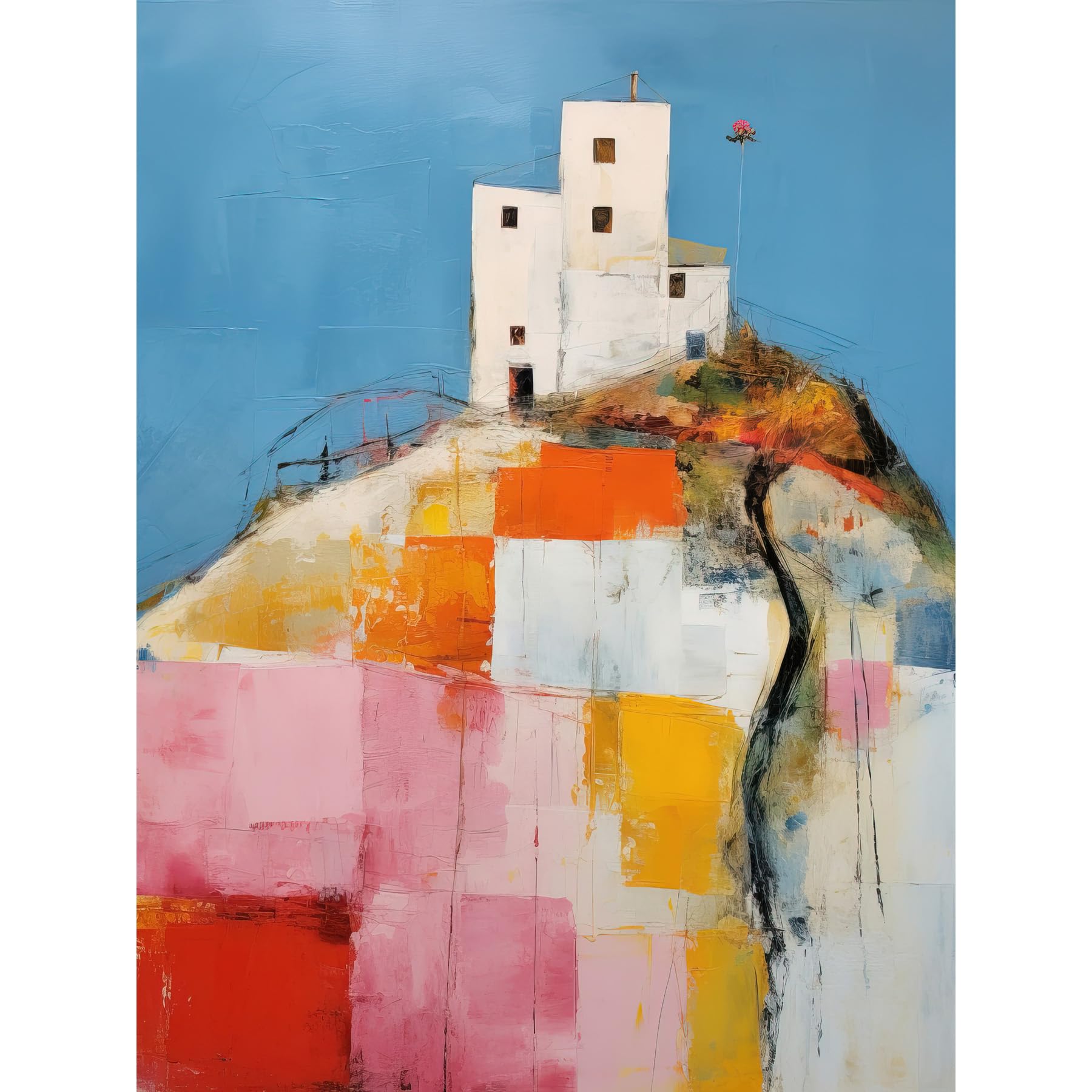 Artery8 House on the Hill Wall Art Print - Abstract Geometric Palette Knife Pastel Colour Rural Landscape Poster - W18" x H24" - Blue