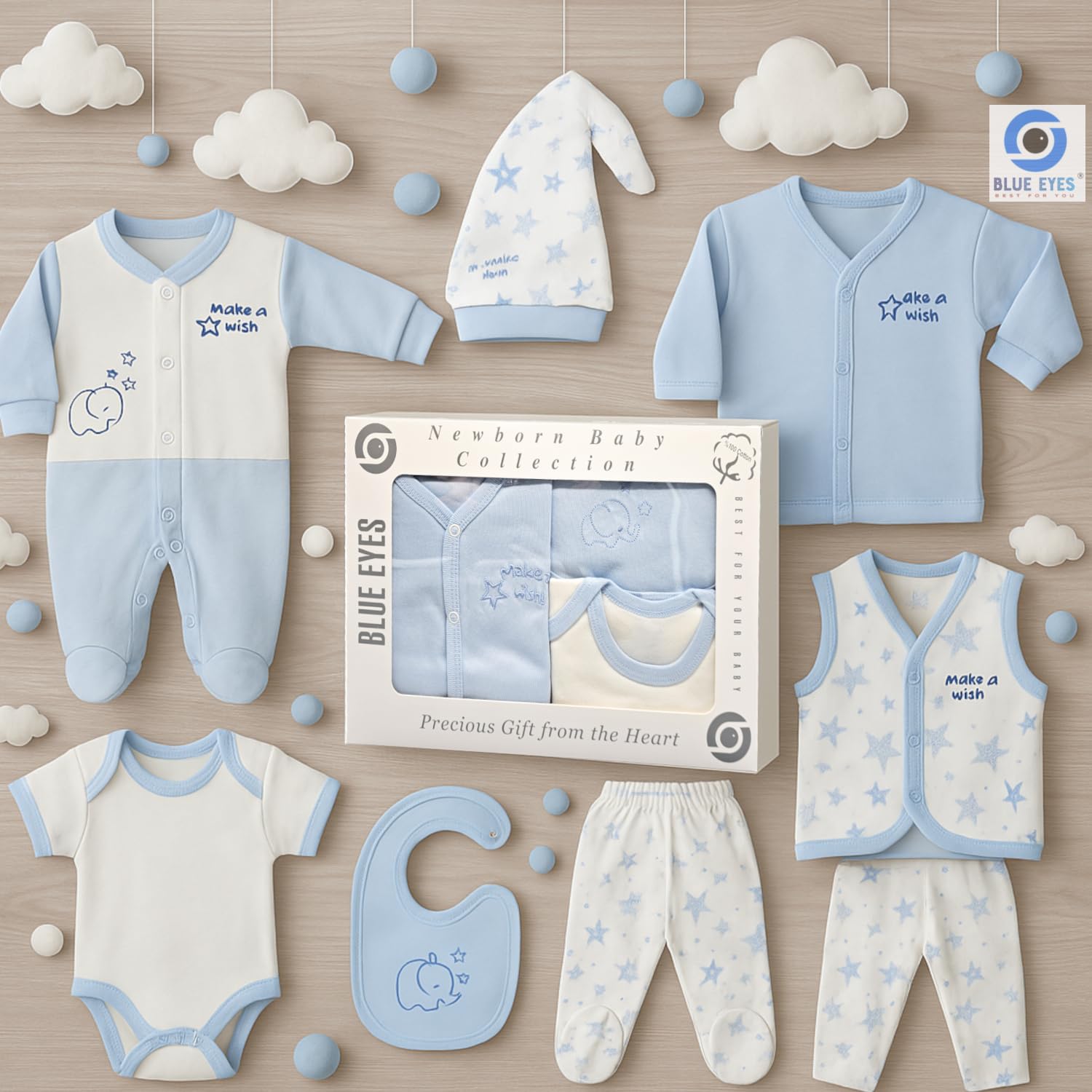 Blue Eyes Baby Geschenk Set Junge – 8-teiliges Neugeborenen Geschenkset aus 100% Baumwolle, Erstausstattung zur Geburt 0–4 Monate (Stern Blau)