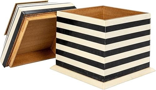 Miniatura 5 de Creative Co-Op Caja de madera recuperada y resina con rayas, negro y crema