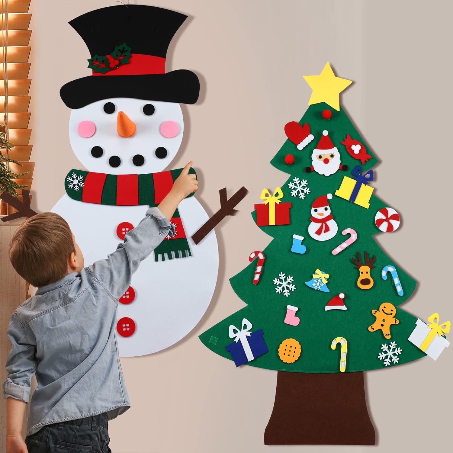 Boao 2 Sets DIY Felt Christmas Snowman Christmas Tree Games Set Felt Snowman Tree Craft Kit Xmas Wall Decorations DIY Gifts Ornaments Xmas Party Supplies