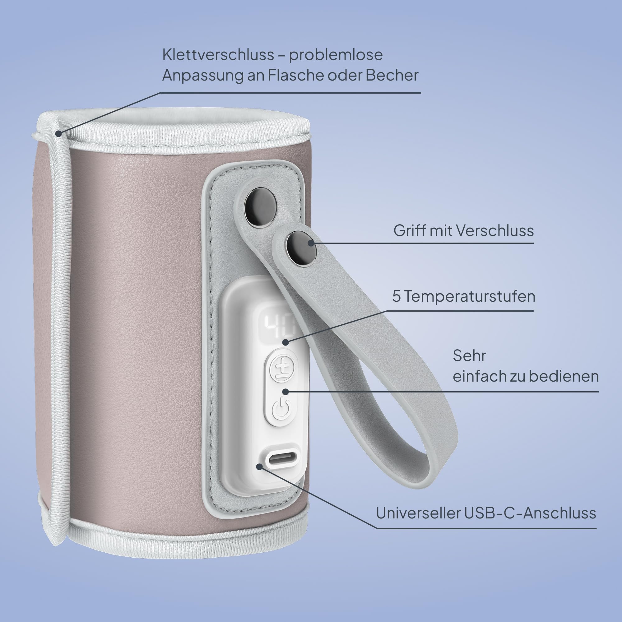 LIONELO Thermup Go Tragbarer Babyflaschenwärmer USB-C, Flaschenwärmer Unterwegs & Auto, 24h Warmhaltefunktion, 5 Temperaturstufen 38–50°C, LCD Display, Thermostat, Universal, BPA-frei, Leise