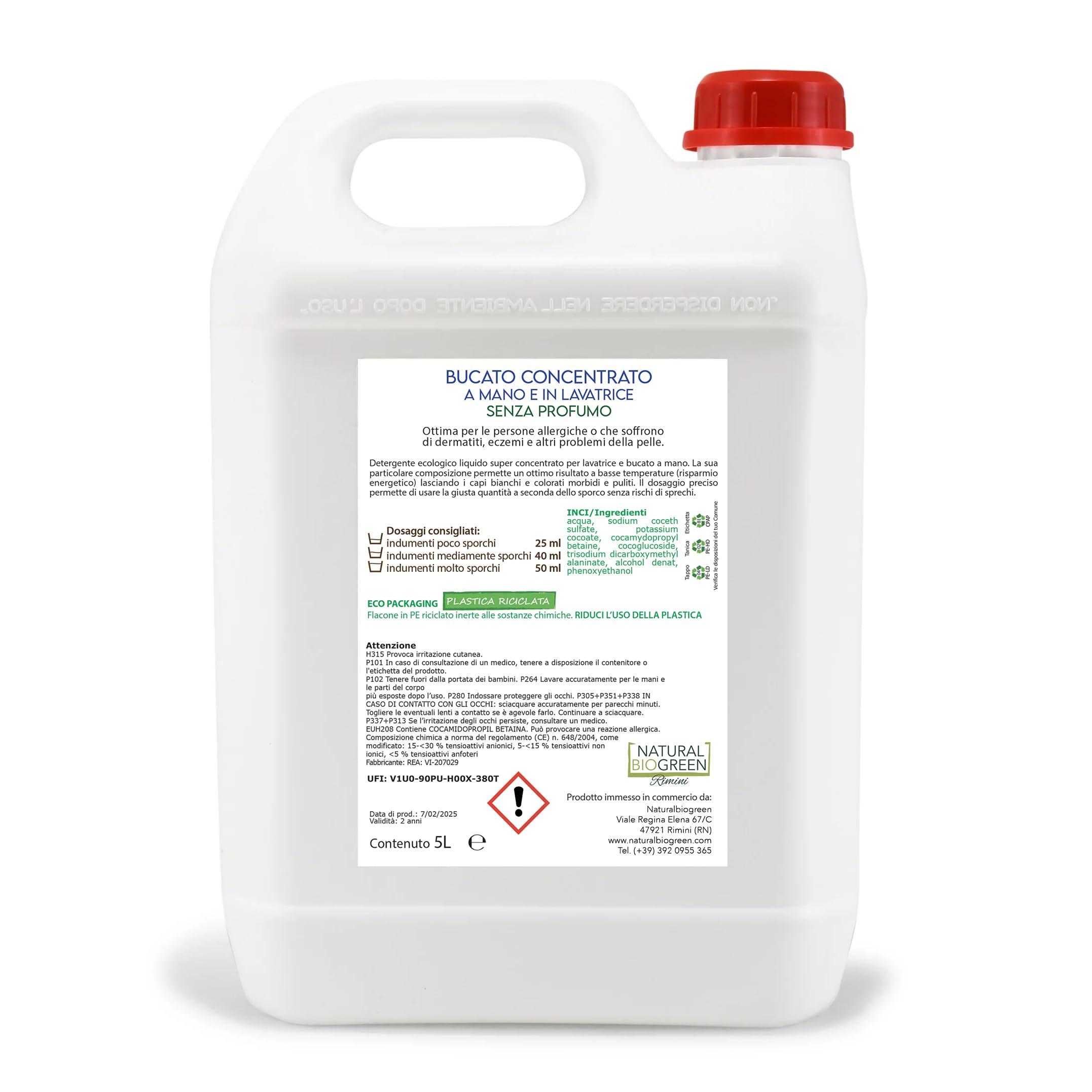 Naturalbiogreen Ökologisches Waschmittel für Waschmaschine und Handwäsche, ohne Parfüm, hypoallergen, 5 Liter
