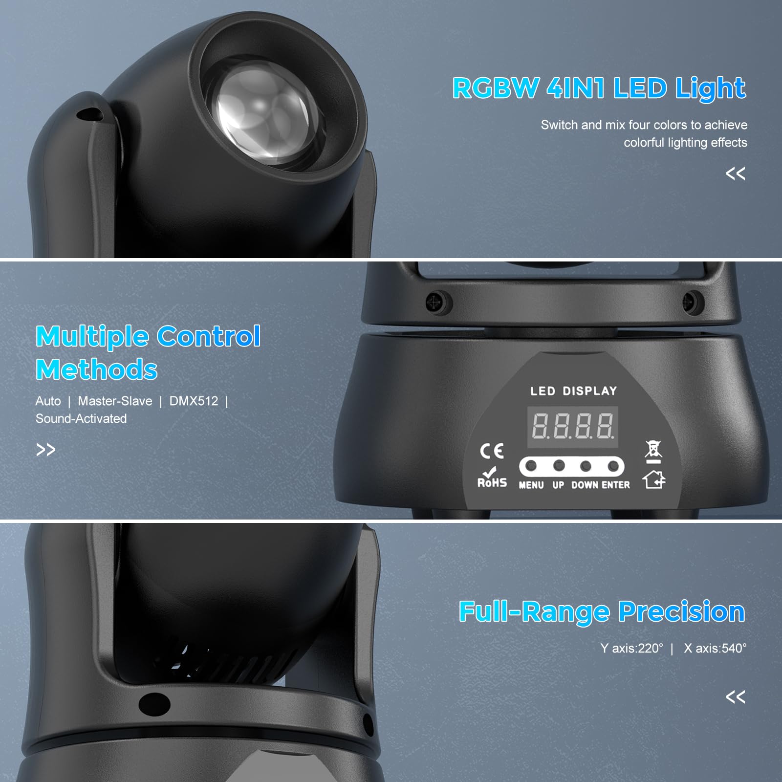 2PCS 70W Teste Mobili Luci Palcoscenico Spot Beam, Luce Discoteca LED RGBW DMX512 Gioco di Luce Serata Controllo Vocale Luce di Festa per Club Bar Halloween DJ