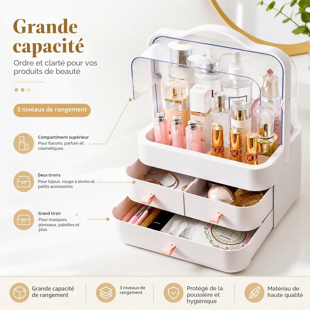 RMAN® Rangement Maquillage Organisateur avec Tiroirs et Couvercle Transparent Rotatif à 180 ° Rangement Parfum pour Coiffeuse, Salle de Bain, Chambre, Parfait pour Cadeaux de Noel (Rose)