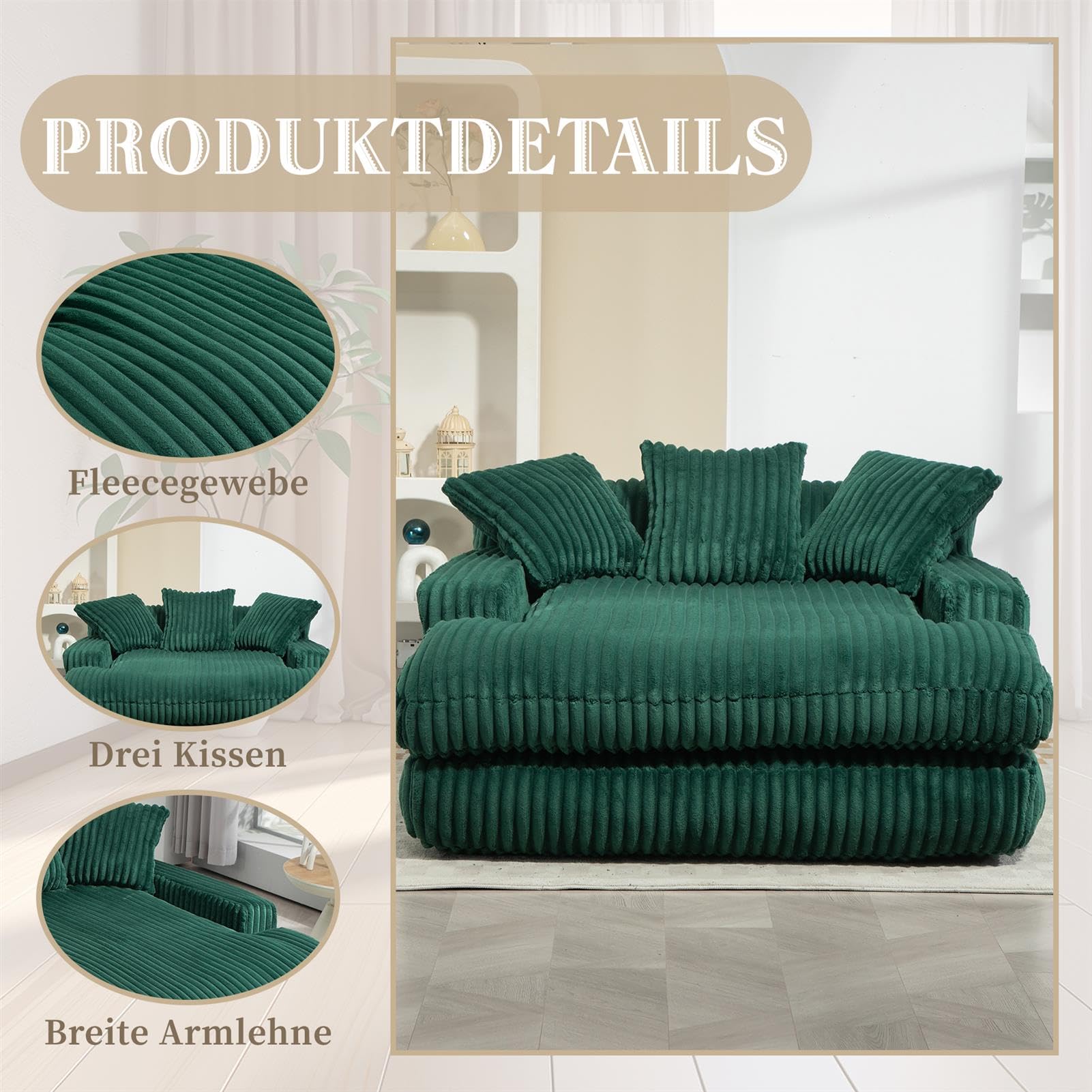 Cord Schlafsofa Cloud Couch mit 3 Weichen Kissen, 155 cm Lange, Rahmenlose Chaiselongue mit Extra Tiefer SitzfläChe, Bequemes Einzelsitz Bodensofa für Wohnzimmer, Wohnung Oder BüRo