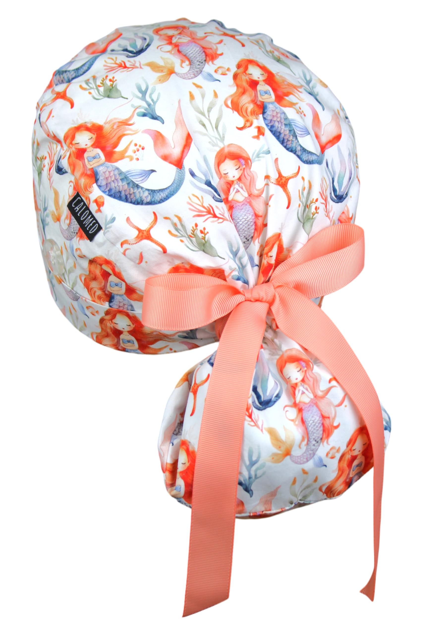 Scrub Cap for Women and Men, Ponytail Scrub Caps, Working Hat, Head Cover with Ribbon Ties and Buttons, Long Hair