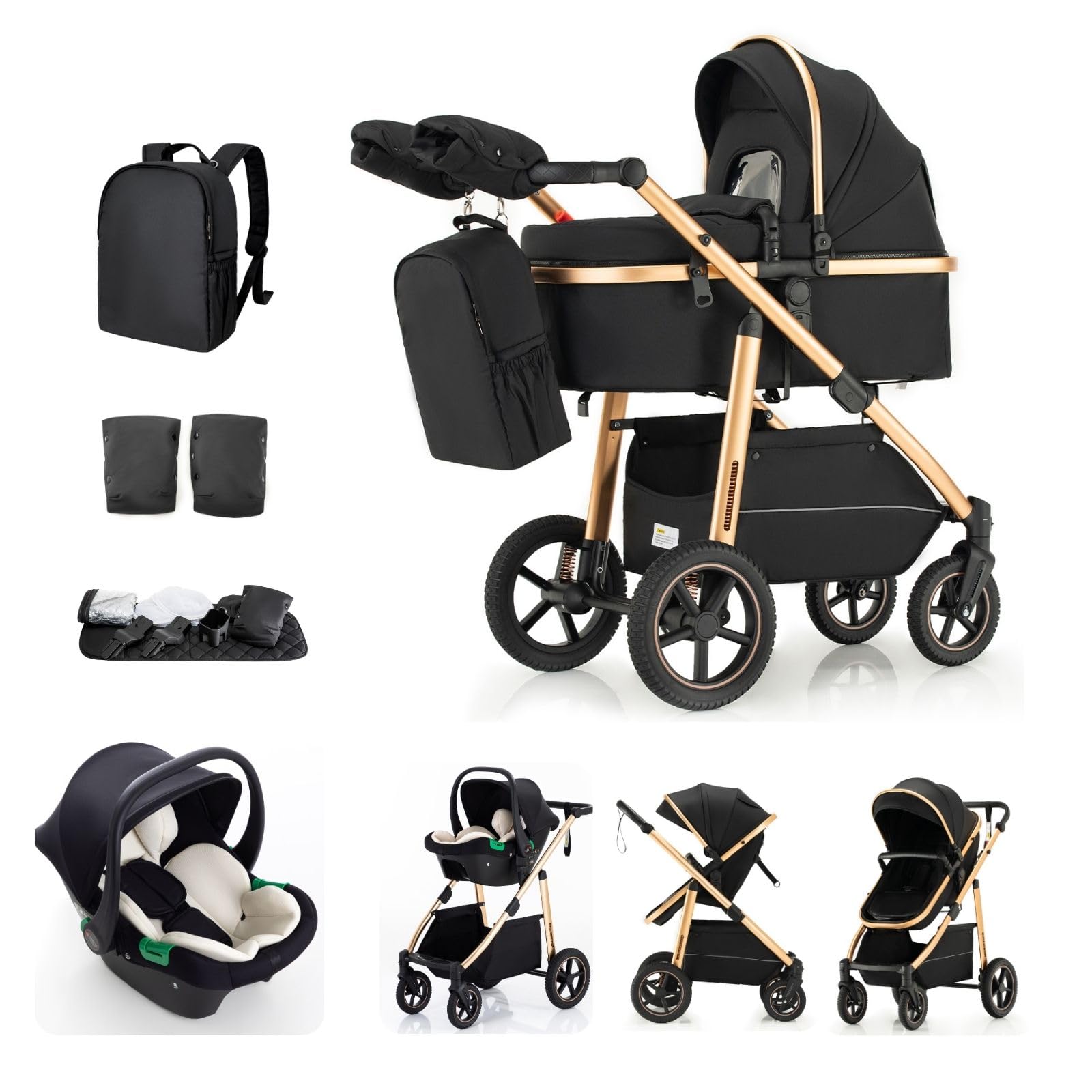 Kakbgee 3-in-1 Buggy Kinderwagen, Reisebuggy Klappbar mit Babyschale, Kinderwagen mit Höhenverstellbarem Griff, Kinderbuggy mit Aluminium-Rahmen, Stroller Baby mit Moskitonetz, für 0-4 Jahr