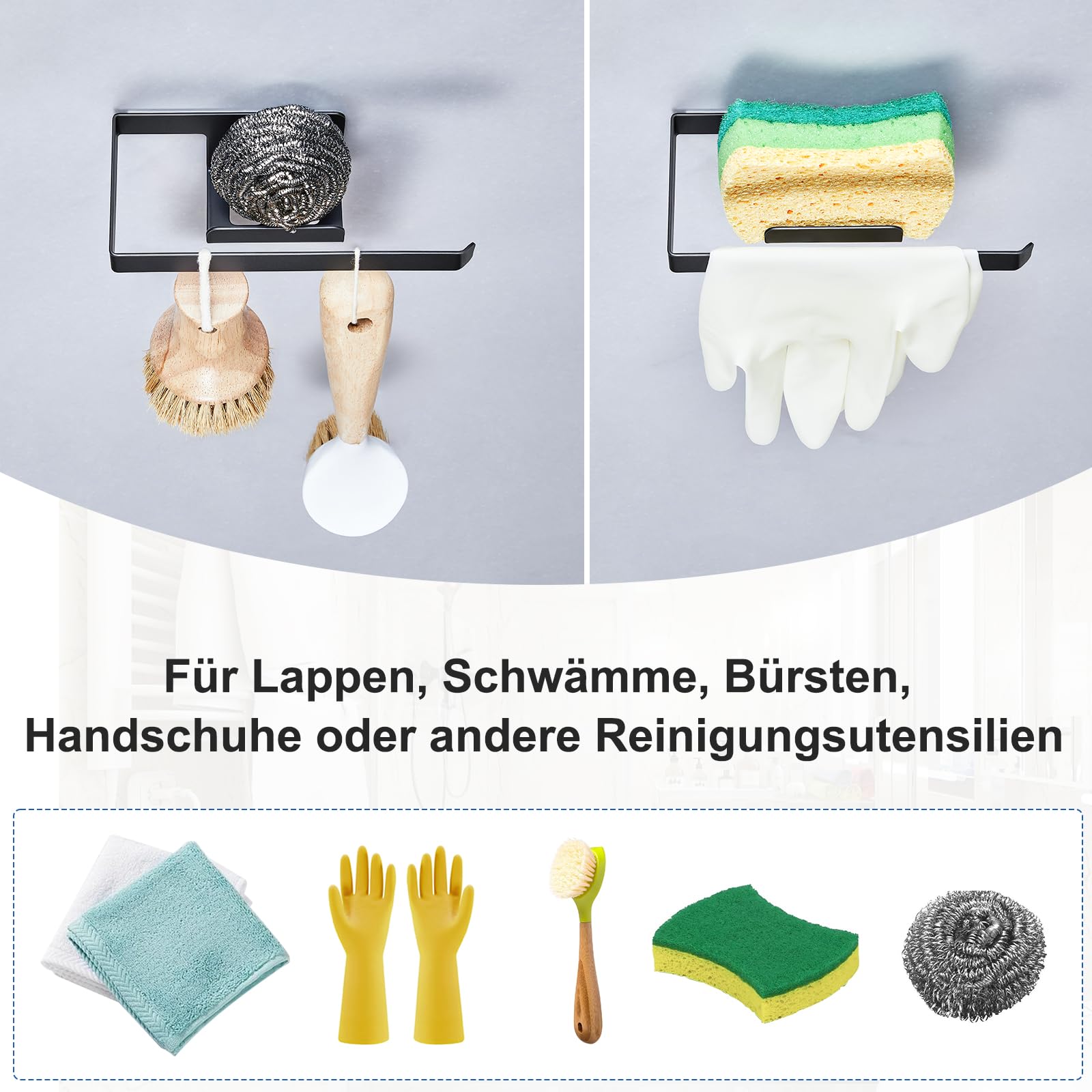 Portaspugna per lavello, porta strofinacci autoadesivo, support spugna per piatti da cucina 2 in 1, porta strofinacci in metallico, per strofinacci, spugne, spazzola e tappo per lavello (Nero)