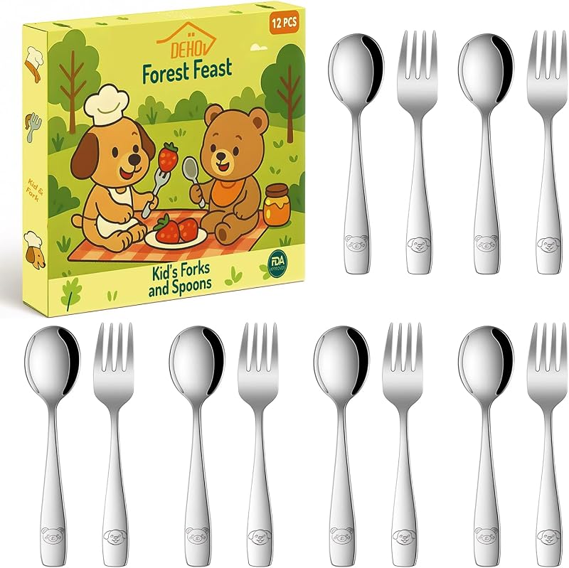 DEHOV Juego De Utensilios Para Comer Para Niños Pequeños,Juego De 12 Juegos De Cubiertos De Acero Inoxidable De Calidad Alimentaria Para Niños,Apto Para lavavajillas,Cucharas Y Tenedores De Metal Pequeños Para Niños